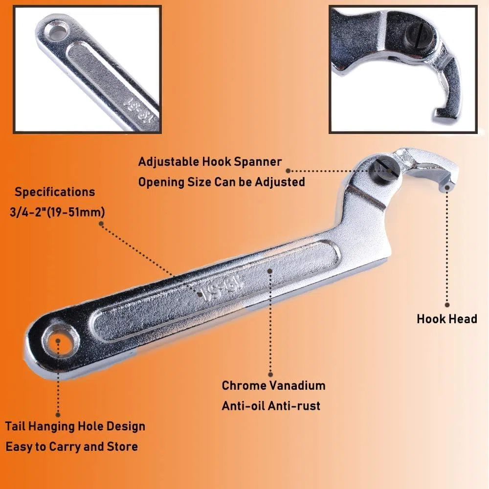Poweka Chiave, Chiave a C Regolabile a Gancio, 3/4-2" (19-51Mm),Set di Chiavi 2-4 3/4" (51-121Mm) per il Serraggio di Collari, Controdadi e Dadi Laterali su Cuscinetti