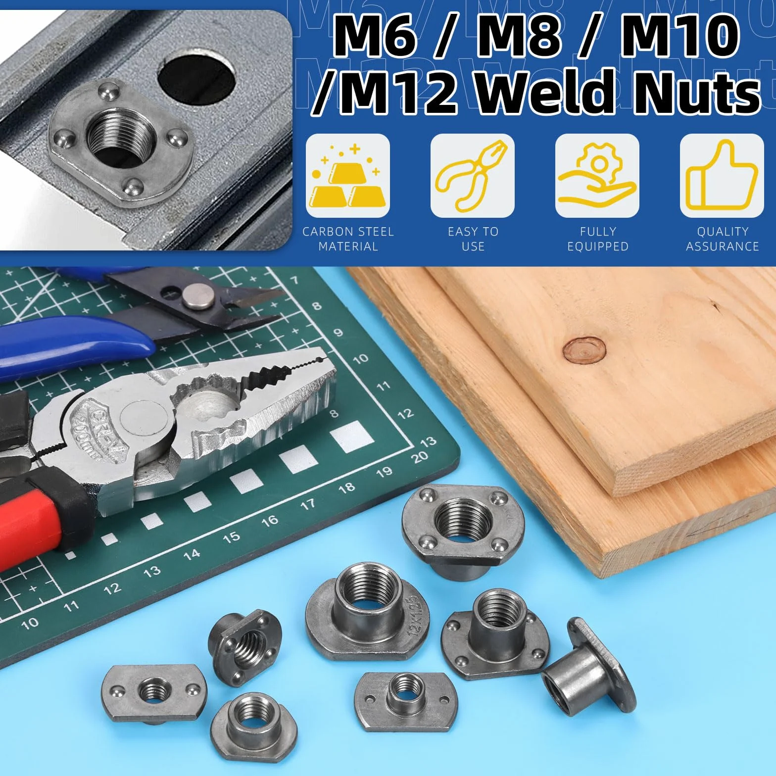 Glarks Set di 32 dadi per saldatura, M6, M8, M10, M12, base a linguetta, UNC, in acciaio al carbonio, viti a T, 2 proiezioni, 4 proiezioni, per mobili, veicoli, macchine per l'industria delle ruote