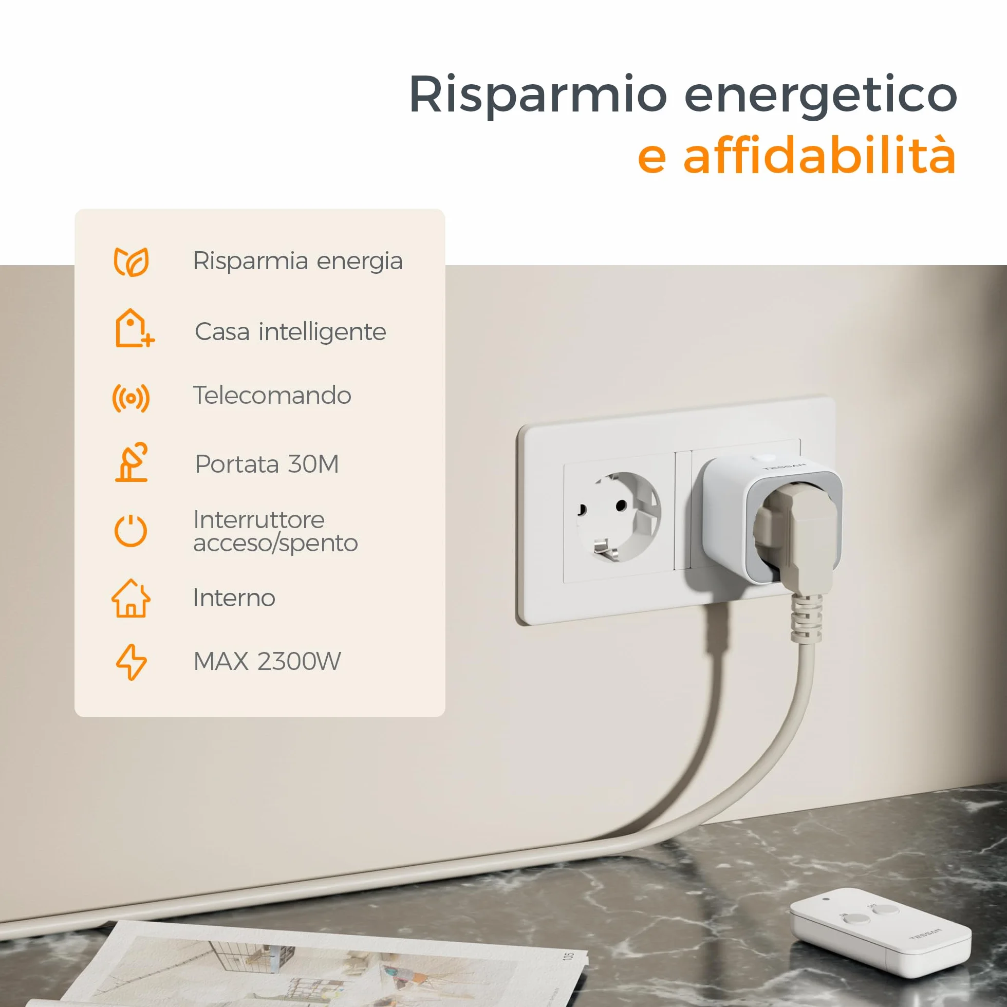 TESSAN Presa Telecomandata, Distanza Telecomando 30,5 M, Presa per Decorazioni Natalizie, Elettrodomestici e Lampade, 2300 W, Bianca