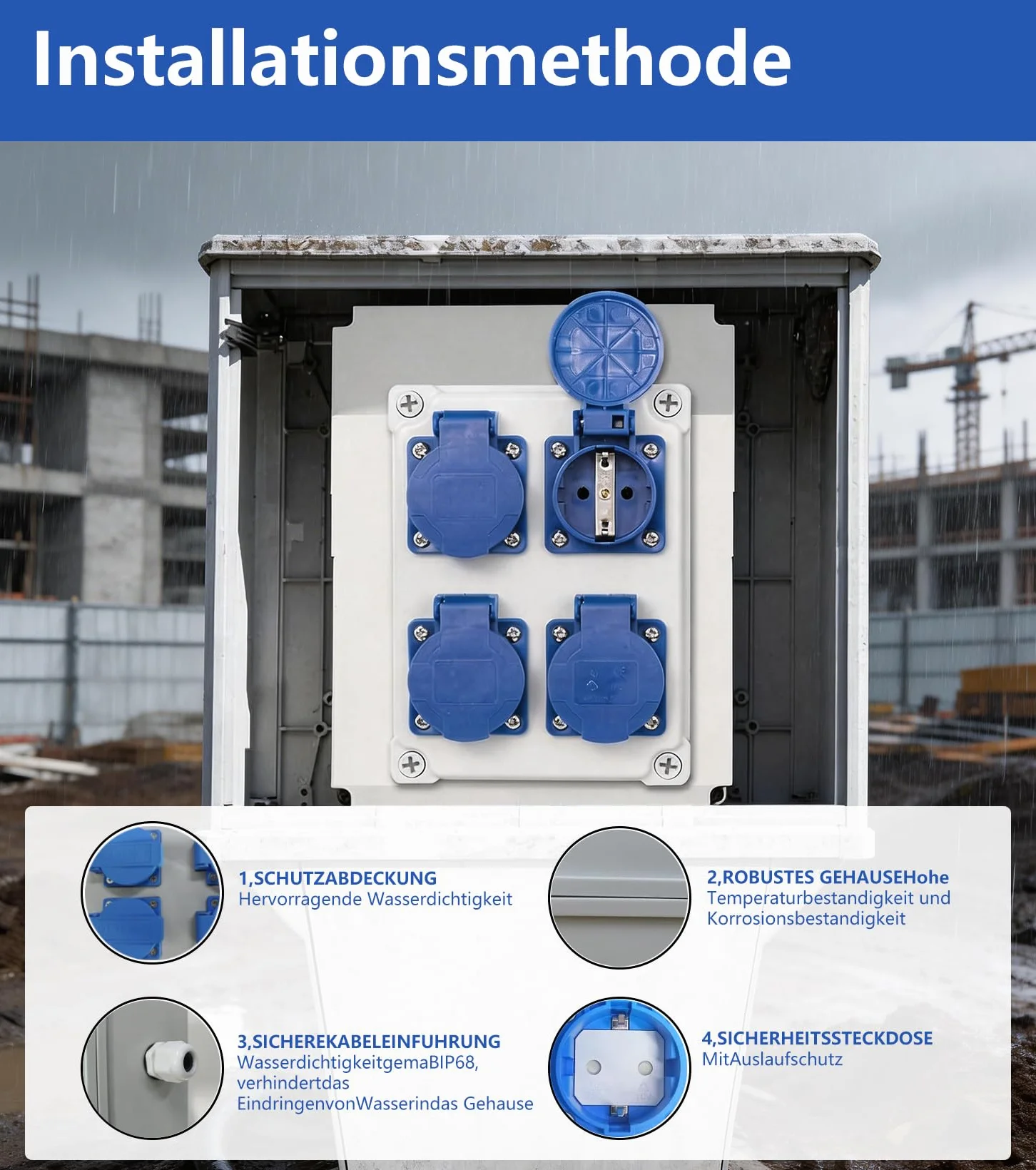 Distributore di corrente da parete 16 A precablato,scatola elettrica da parete con presa da 4 x 230 V Schuko IP44, impermeabile a parete per cantieri case interni ed esterni