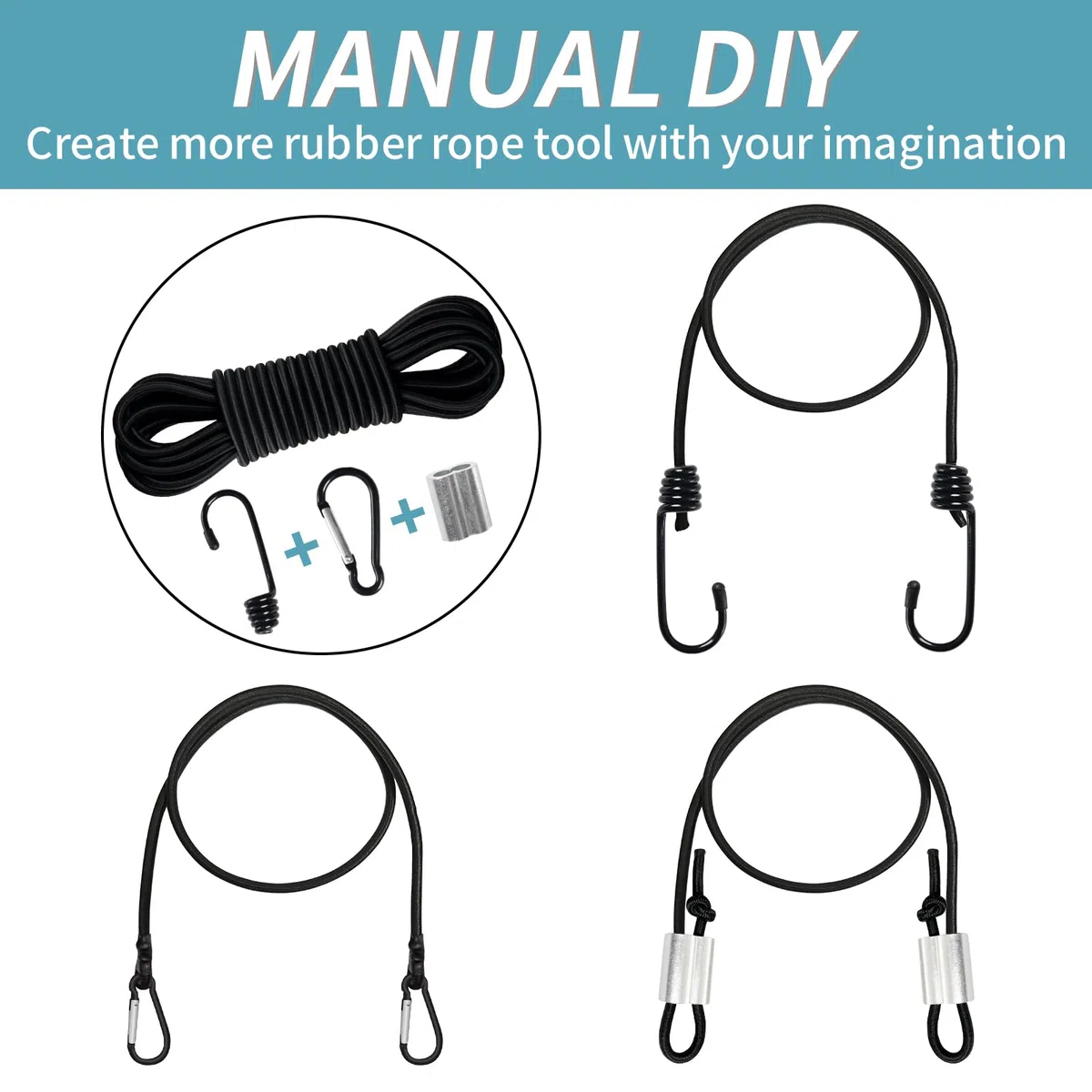 Corde Elastiche 10m x 8mm, Corda di Gomma con Ganci, Moschettoni, Doppi Manicotti in Alluminio, Corda Elastica Cavo Elastico per Teloni, Tende, Trasporto, Giardini e Portapacchi - Set Fai Da Te