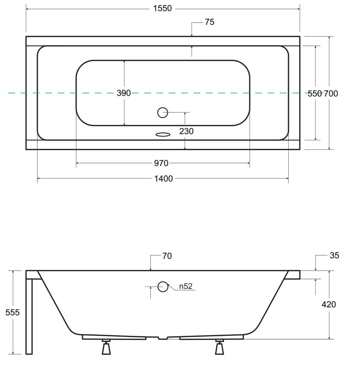 VBChome Vasca da bagno 155 x 70 cm in acrilico, rettangolare, bianco, design moderno, set di supporto in polistirolo, cromato, per 2 persone, con sifone
