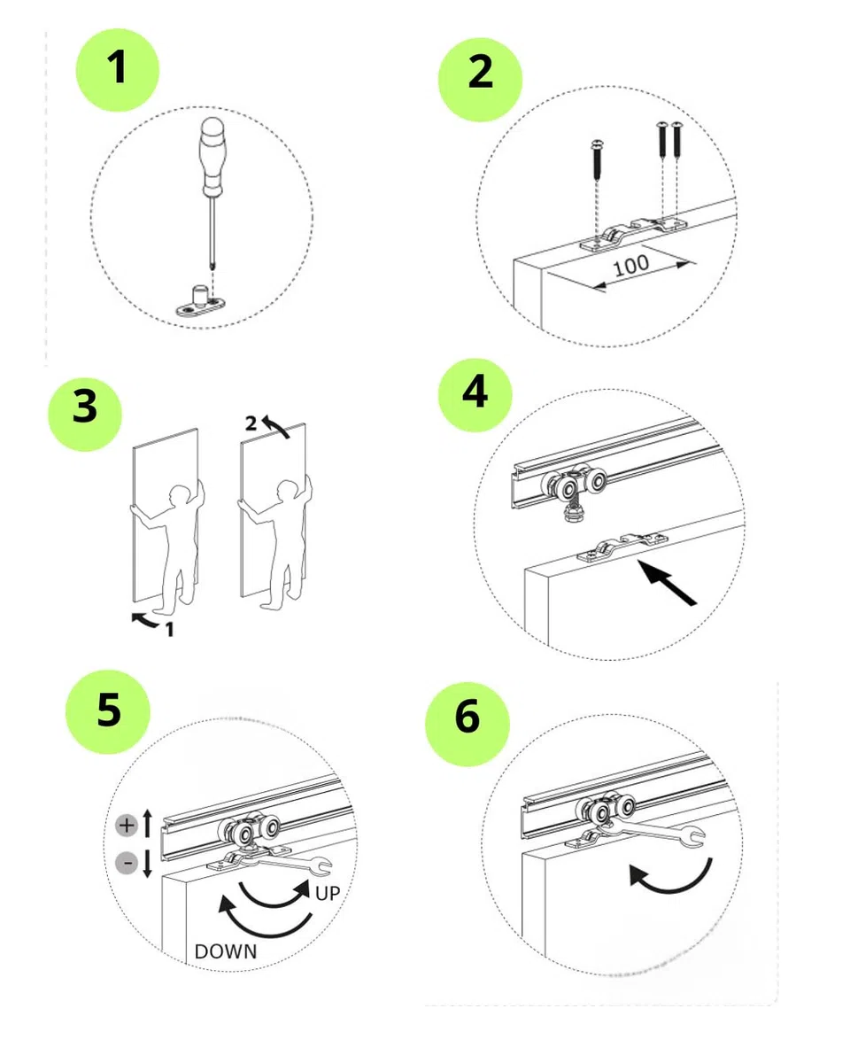 KIT per Porta Scorrevole Senza Binario - Comprende 2 Carrelli di Scorrimento, 2 Fermi Superiori, 2 Staffe di Fissaggio su Pannello - Disponibile in 2 Portate: 40kg e 80kg (Portata 80 KG)