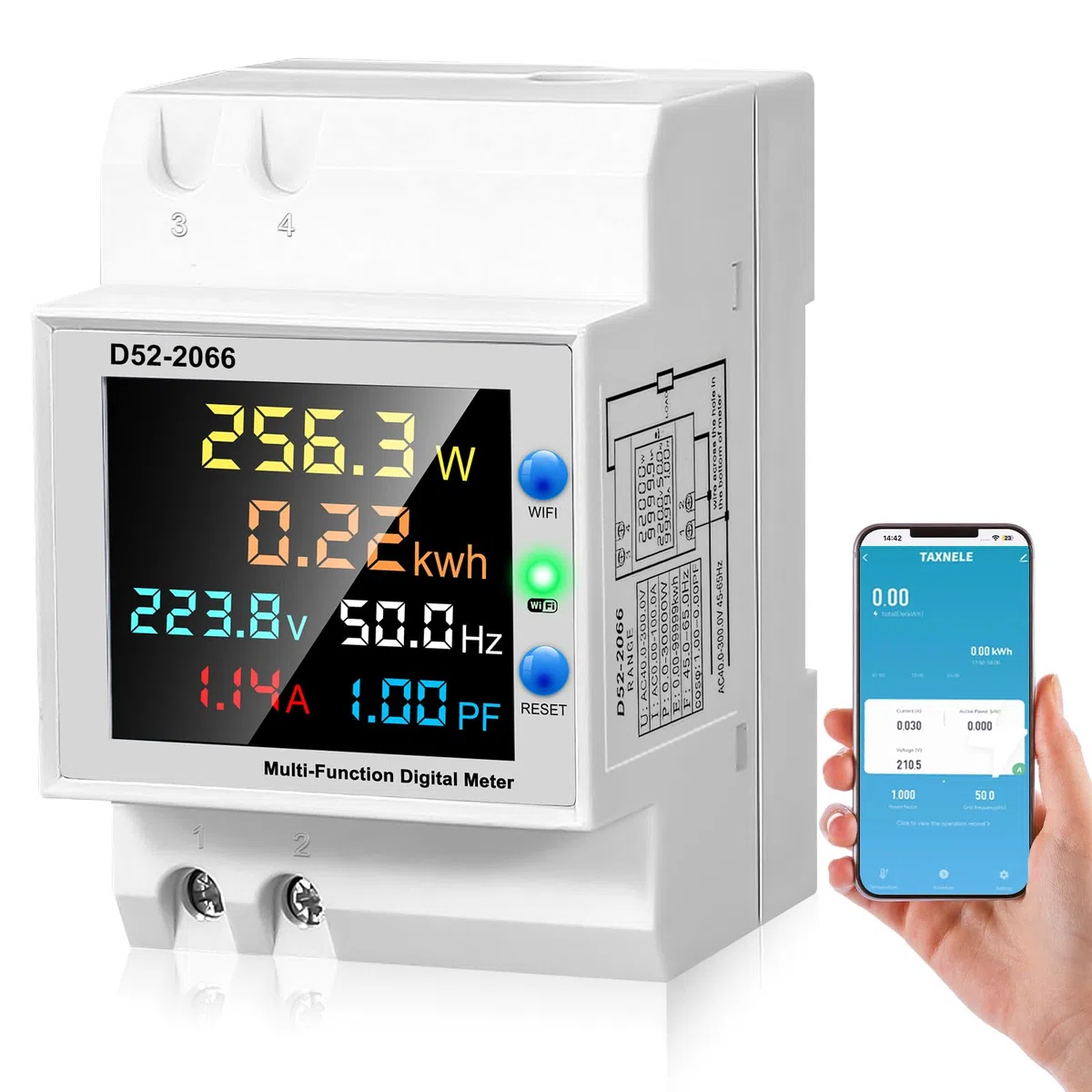 WiFi Contatore Energia Elettrica Monofase, 6 in 1 Multifunzione Misuratore Contatore AC 40-300V 100A Elettrico Amperometro Voltmetro DIN Misuratore di Elettricità con Display LCD