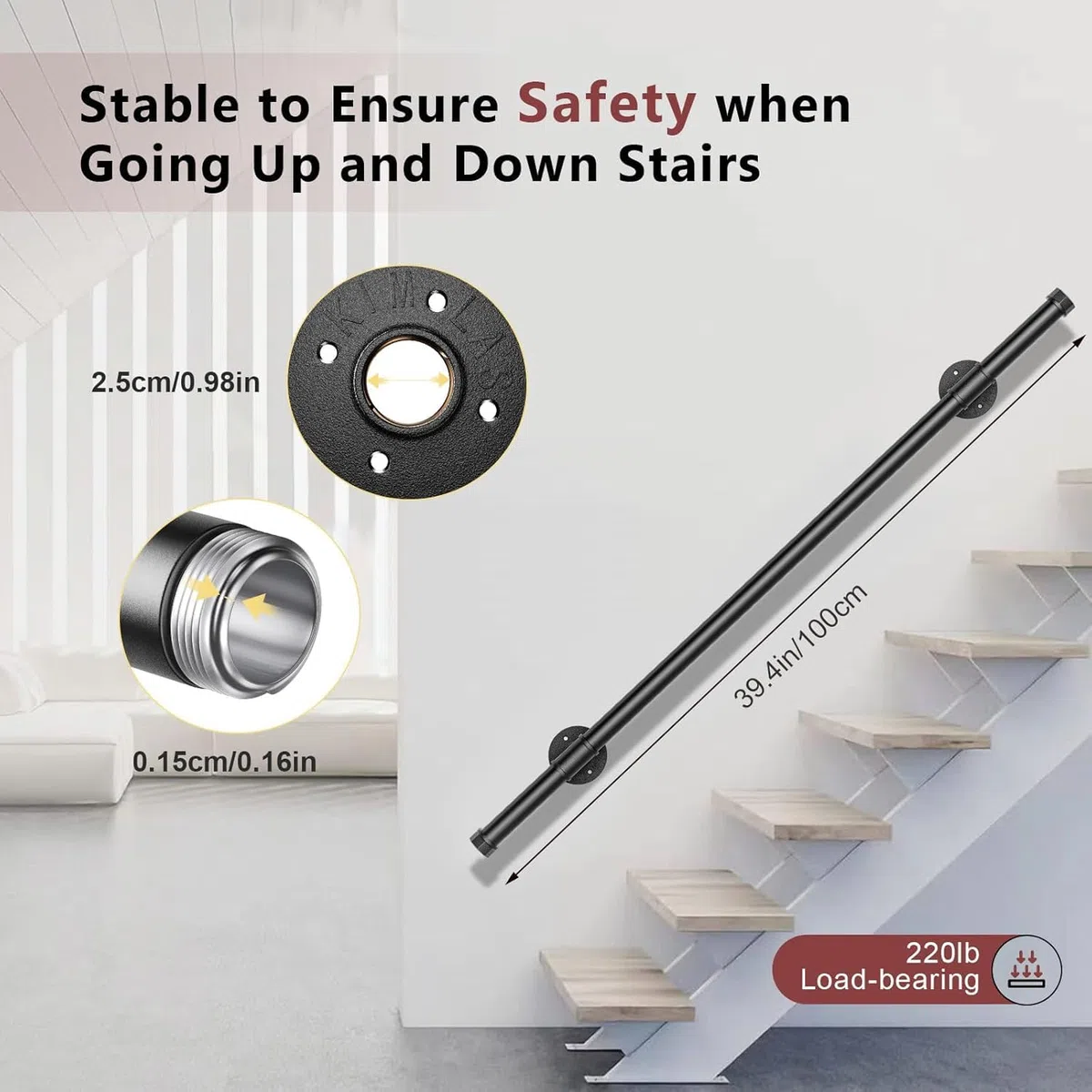 Corrimano per Scale Interne, Sunowl 1M Ringhiera per Scale Interne, Passamano per Scale Interne Esterne, Corrimano di Sicurezza Montati a Parete per Bambini Anziani Disabili
