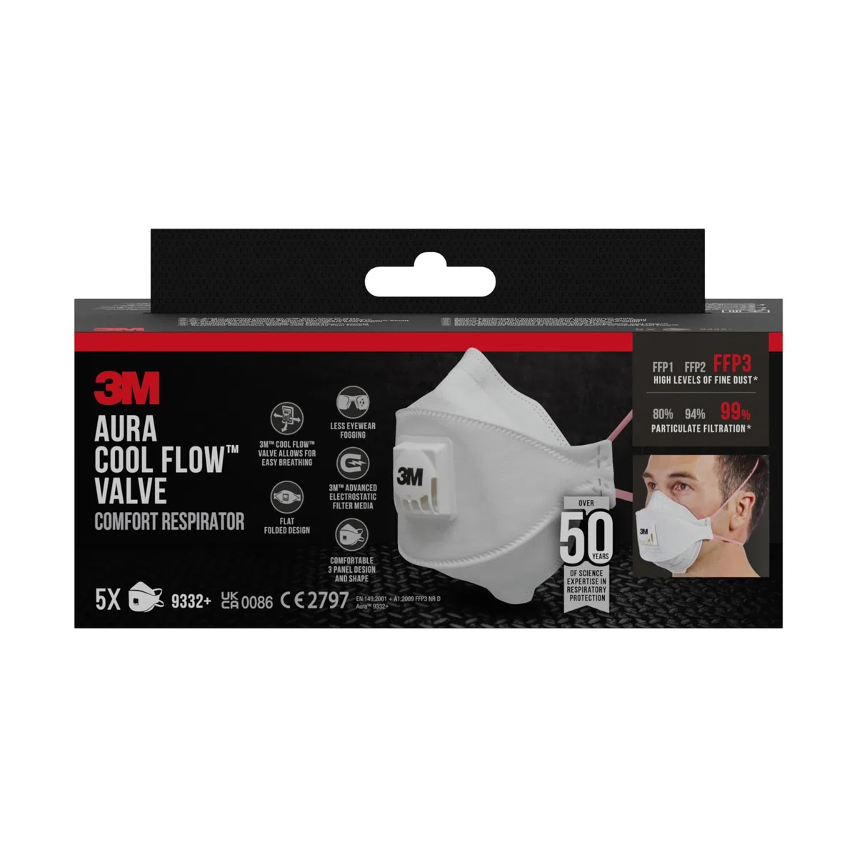 3M Aura Respiratore per lavori di isolamento e su legno 9332+, FFP3, con valvola, 5/PK
