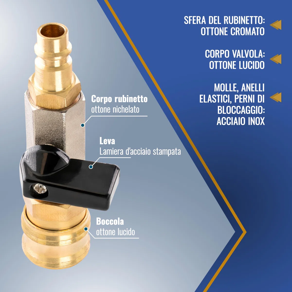 Poppstar Valvola di intercettazione ad aria compressa da 3/8 di pollice (rubinetto a sfera) con attacco rapido Euro NW 7.2 e beccuccio, fino a 15 bar, in ottone