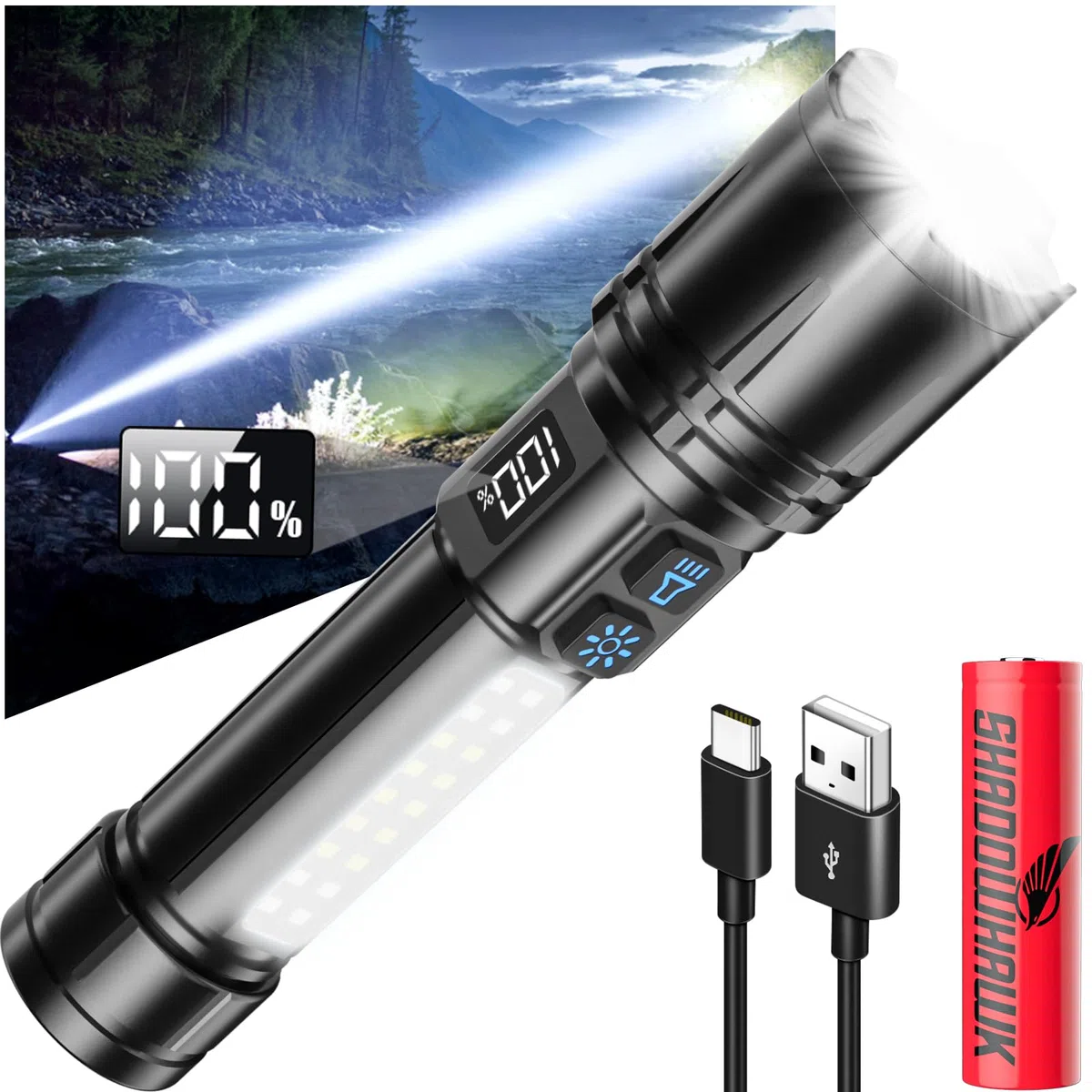Shadowhawk Torcia a LED ricaricabile, con display LCD e luce laterale COB, 7 modalità XHM90.2, 100000 lumen, torcia LED estremamente luminosa, portatile, torcia tattica, forte luce flashlight per