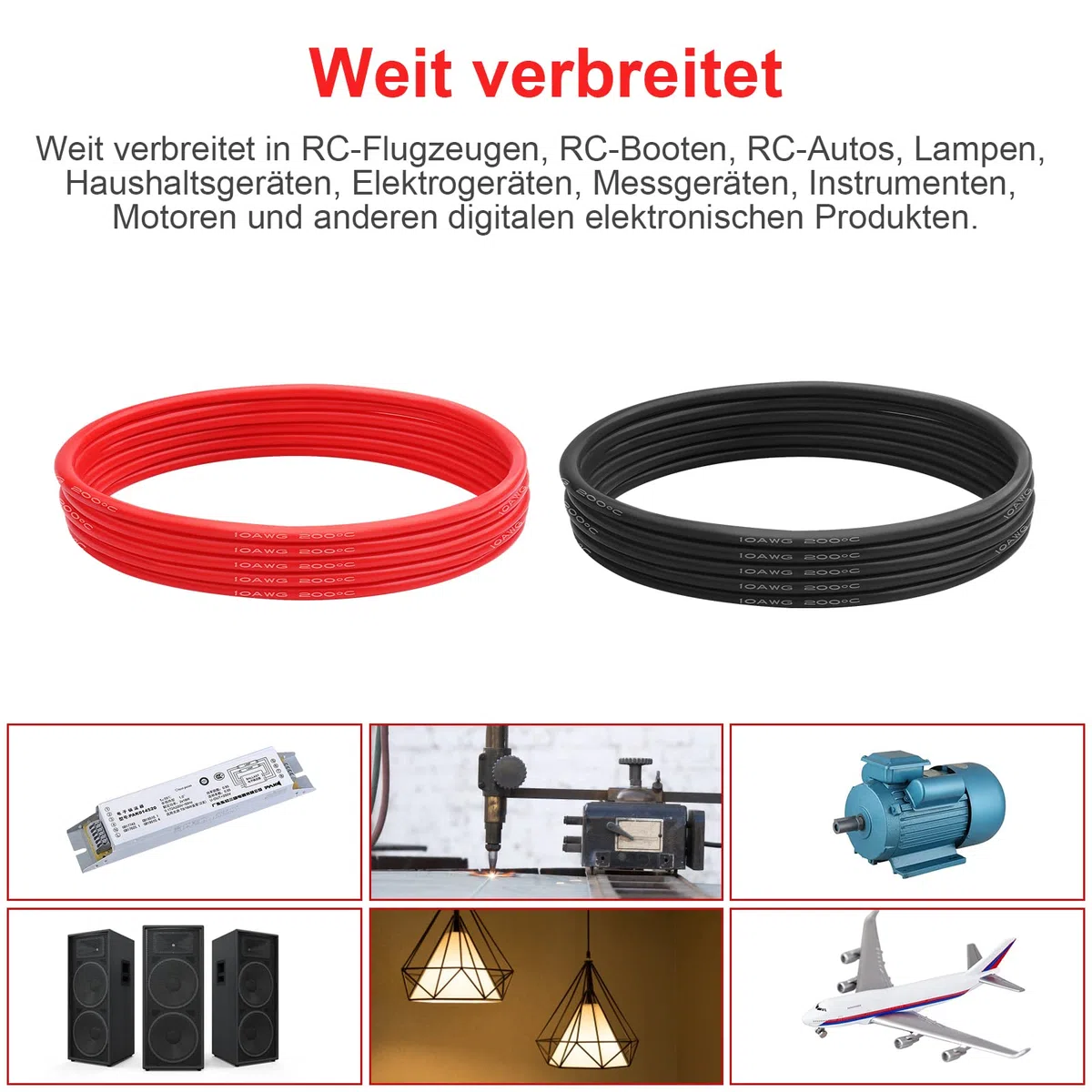 10AWG Cavo Elettrico Silicone, 10 Gauge 5.3 mm² 10m(5m Rosso + 5m Nero), Flessibile 1050 Fili 0,08 mm di Rame Stagnato Filo ad Alta Temperatura per Auto RC/Marine/Droni/Barche/Arduino