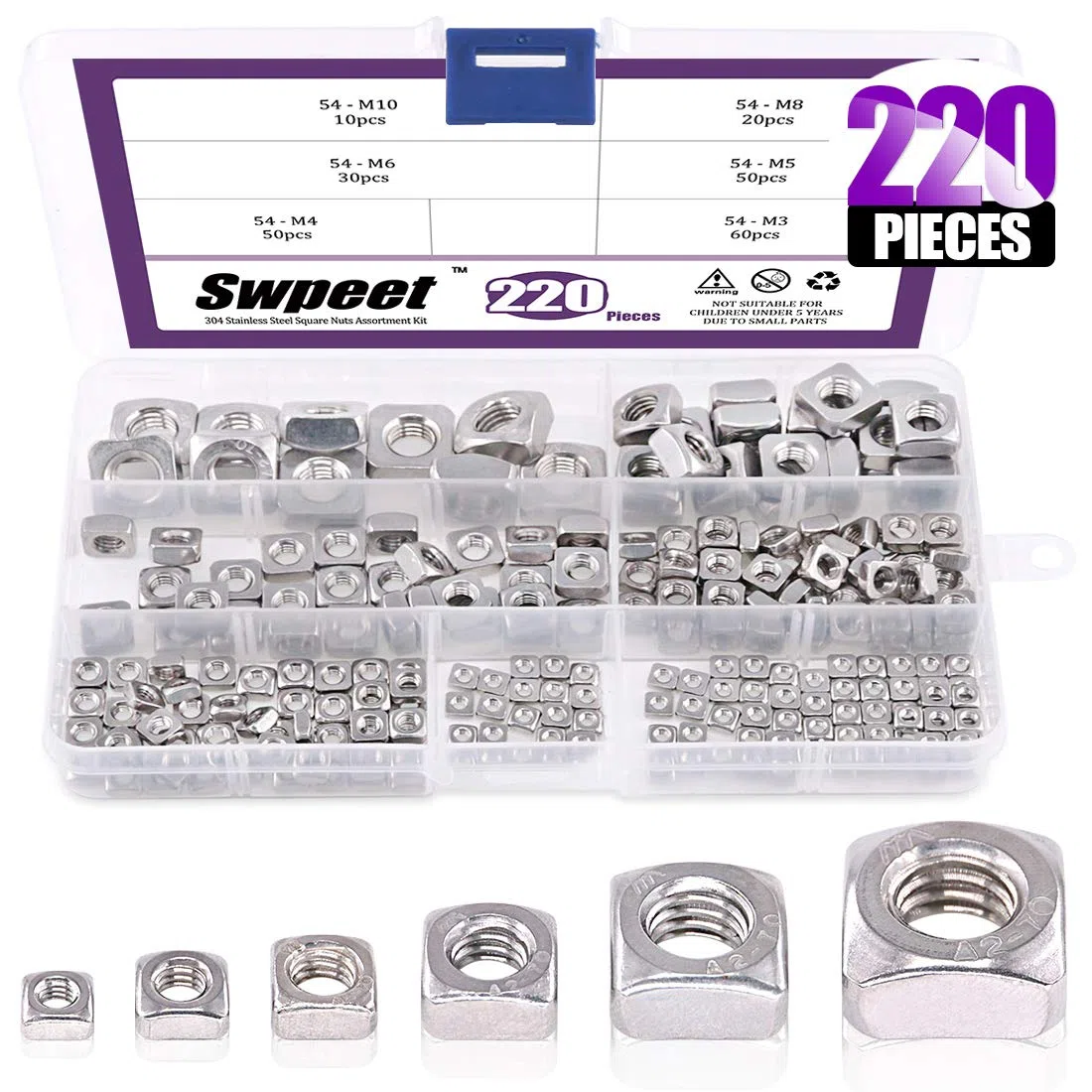 Swpeet - Dadi quadrati metrici in acciaio inox M3 304, filettatura metrica, filettatura grossolana, M3 M4, M5 M6 M8 M10, Square-4, Assortment Kit-220P