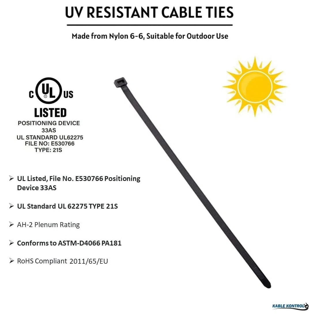 Kable Kontrol Fascette fermacavi, 1000 pezzi, 35,5 cm, colore nero, resistenza alla trazione, 22,7 kg, autobloccanti resistenti ai raggi UV, per uso interno o esterno