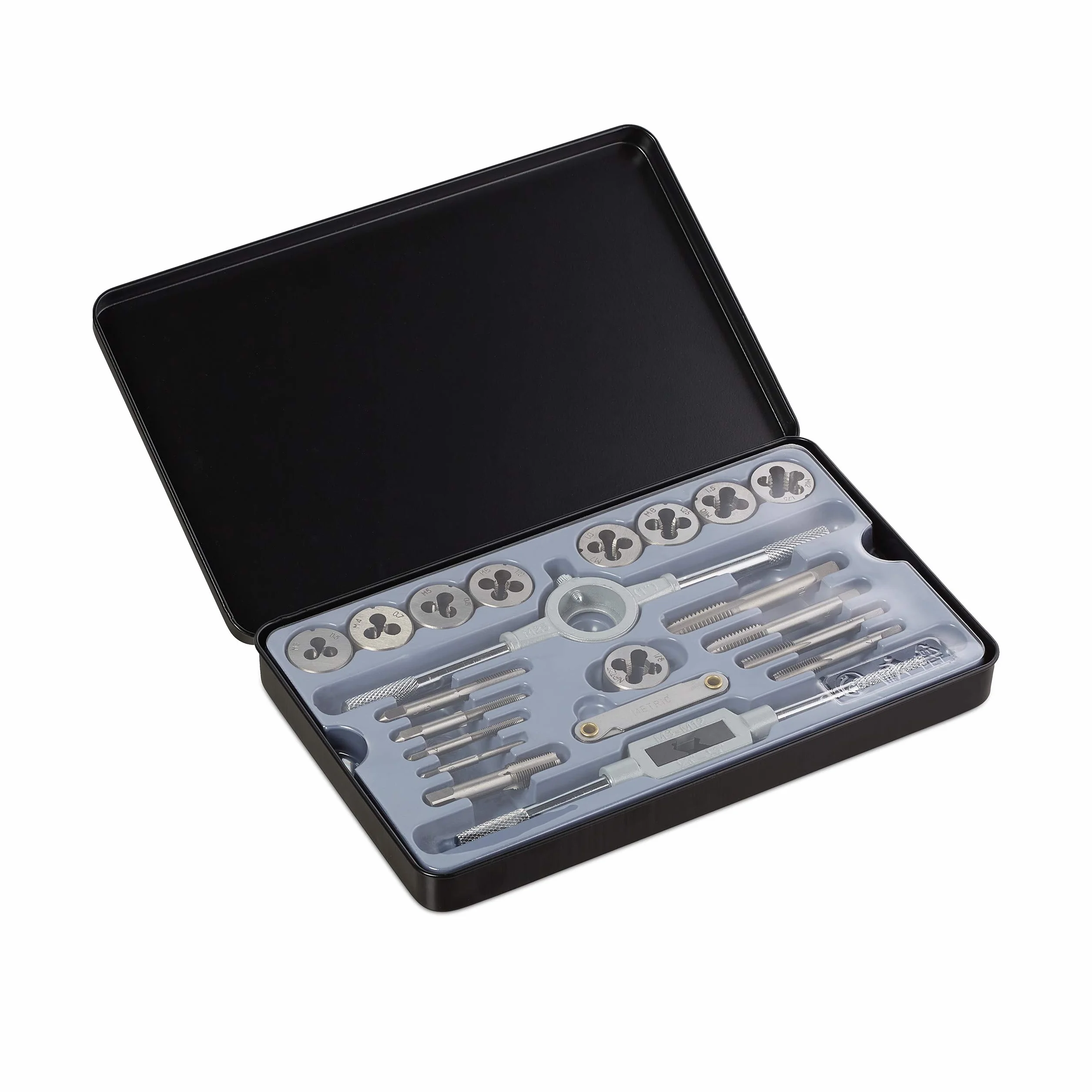 Relaxdays Set per Filettatura M3 - M12, Set con 9 Filiere & Maschi per Filettare, Giramaschio, Filettatore, Argento