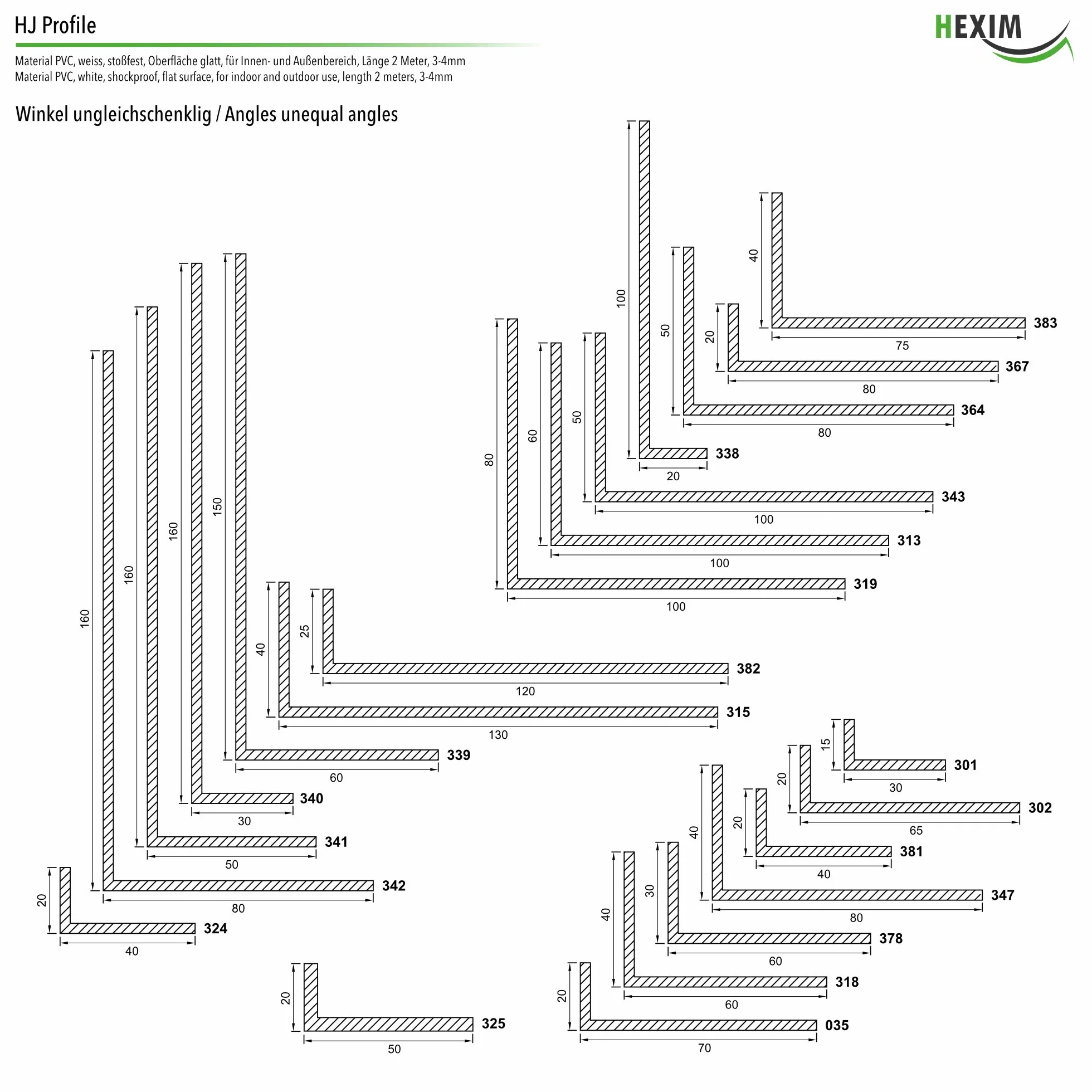 Profili angolari asimmetrici bianchi HEXIM - angoli in PVC, selezione di misure e spessore - (HJ 340, 160 x 30 mm) angoli in plastica per finestre