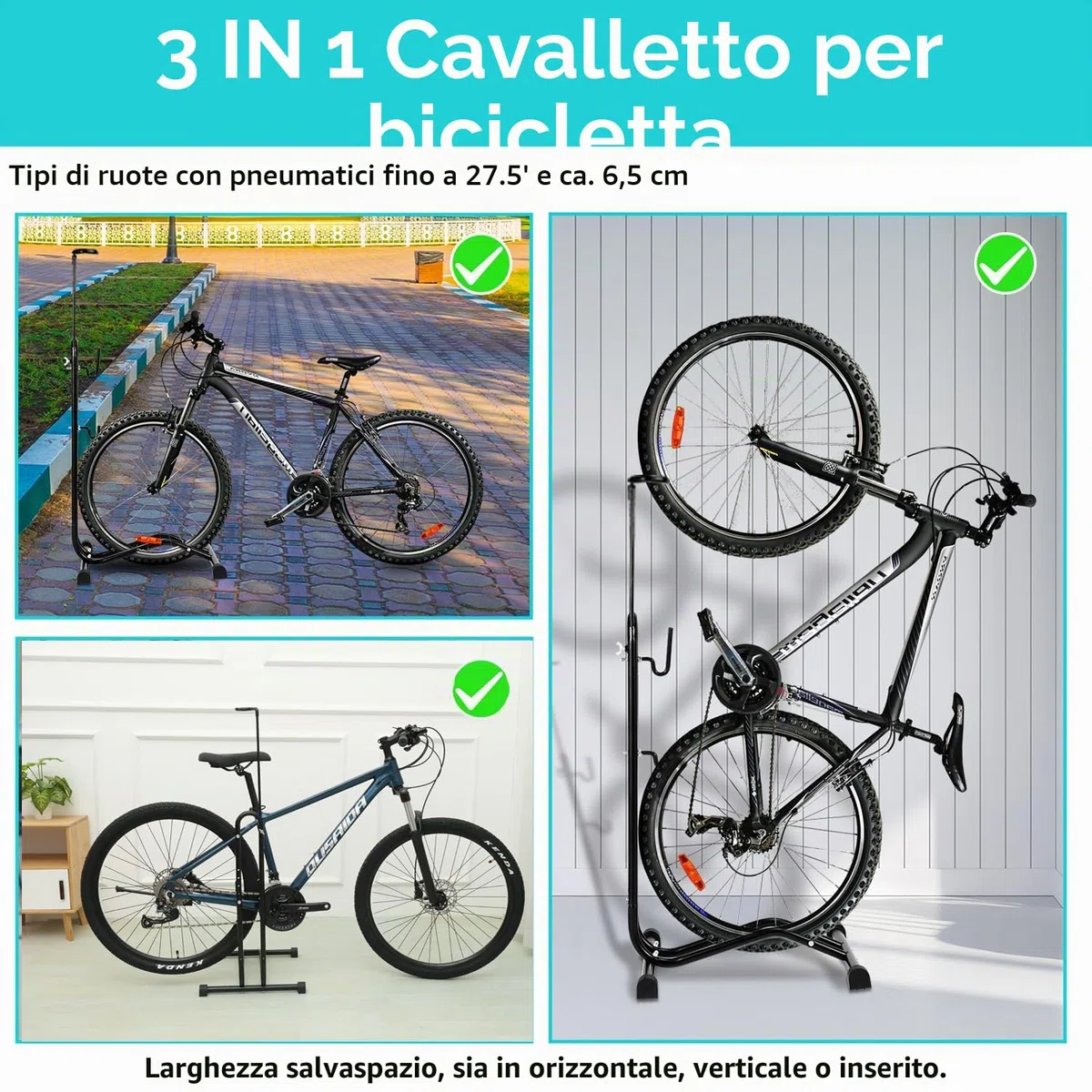 Cavalletto 3 in 1, regolabile in altezza, supporto orizzontale e verticale, antiscivolo, fino a 7 cm, compatibile biciclette fino a 27,5"