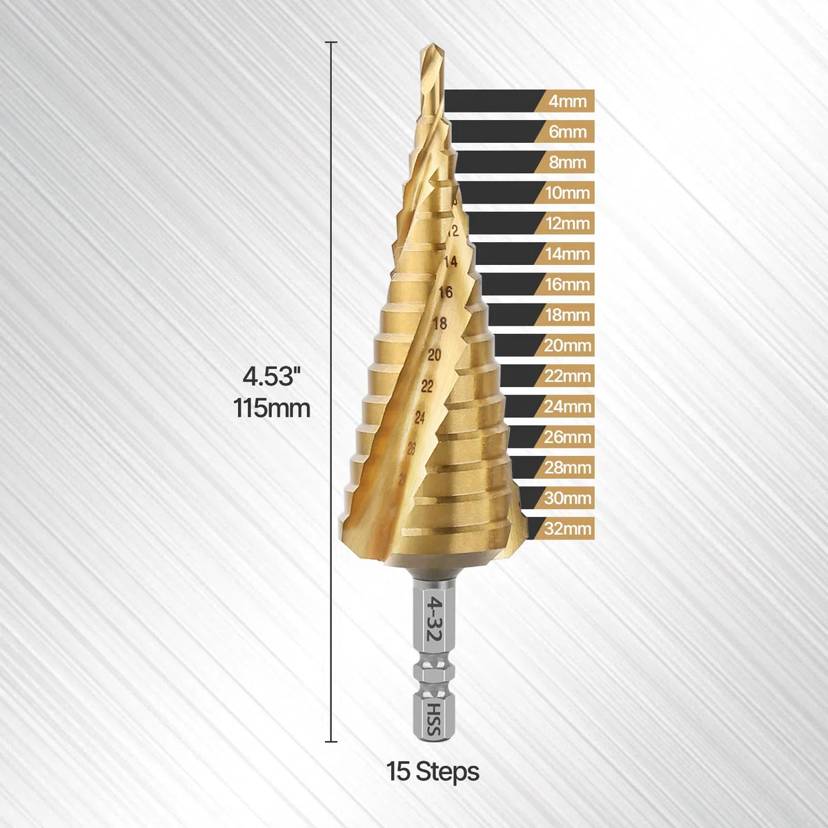 Trapano a gradini 4241 4 – 32 mm HSS cobalto trapano a spirale, codolo esagonale scanalato, adatto per acciaio inossidabile, ferro, rame e alluminio