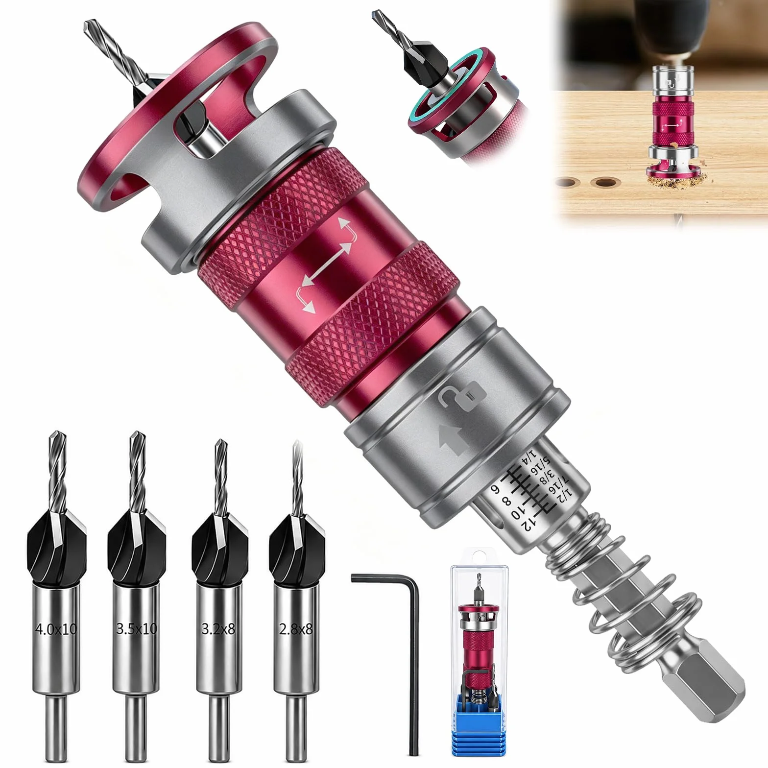 Set di 6 punte per svasatura conica, punte per legno con attacco di profondità regolabile, punta svasata con codolo esagonale da 1/4" per lavorazione del legno, fori uniformi