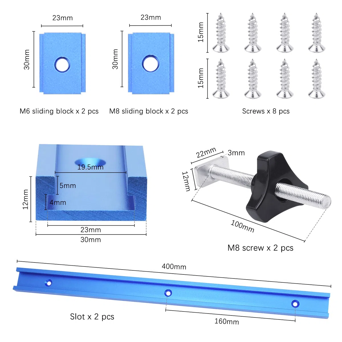 BIGP 2 guide a T M8 400 mm, in lega di alluminio T-Track T, guida di montaggio, con cursore M8/M6, manico in plastica M8, 8 viti autofilettanti (blu)