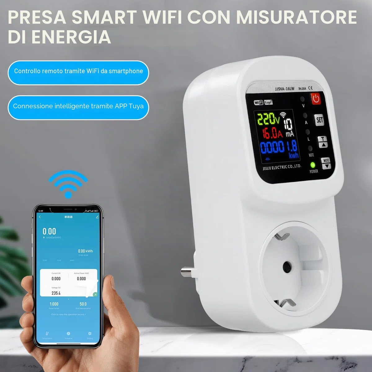 16A Wifi presa smart Misuratore consumo elettrico wifi Presa consumo energia Protezione da sovratensione e sottotensione Scaricatore di sovratensione 220V Voltage adjustable Protezione dalle perdite.