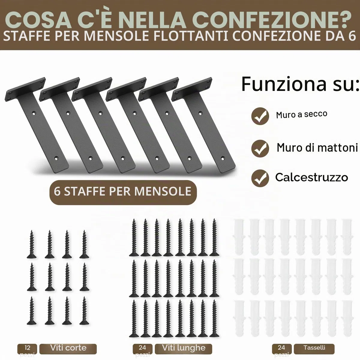 Staffa per mensole resistente, staffa rustica per mensole galleggianti per montaggio a parete, 6 staffe per mensole industriali nere (confezione da 6 pollici)