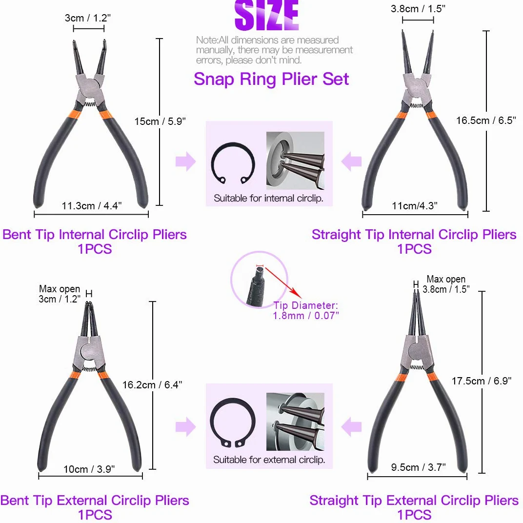 Swpeet 8 pinze ad anello a scatto con set di plettri e ganci, 4 pezzi pesanti per anelli di tenuta interna/esterna per anelli di tenuta ad olio set con 4 pezzi di precisione set di plettri e