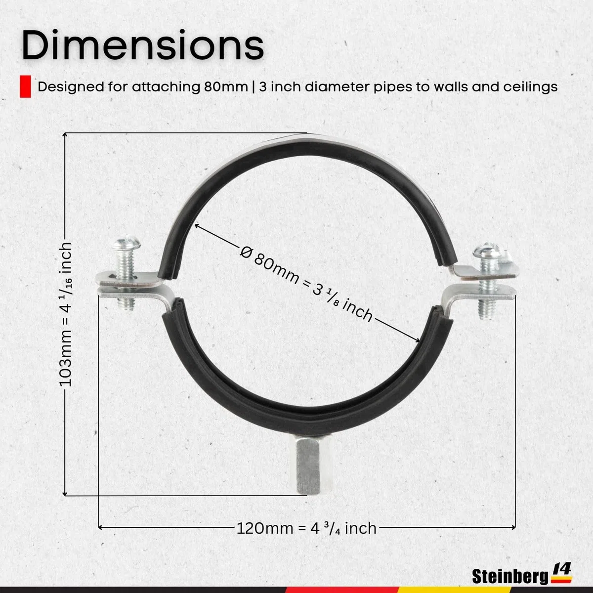 5 pz., Collari per Tubo 80mm con Inserto in Gomma, Filetto M8/M10, Supporto in Acciaio per Tubo di Ventilazione, Tubo Spirolare e Pluviale, Montaggio a Parete o Soffitto, di Steinberg14