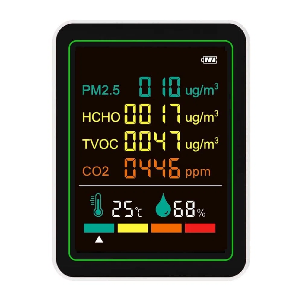 Monitor della qualità dell'aria interna 6 in 1 con TVOC, PM2.5, CO2, formaldeide, rilevamento temperatura e umidità, schermo a colori LED intelligente, ricarica USB-C