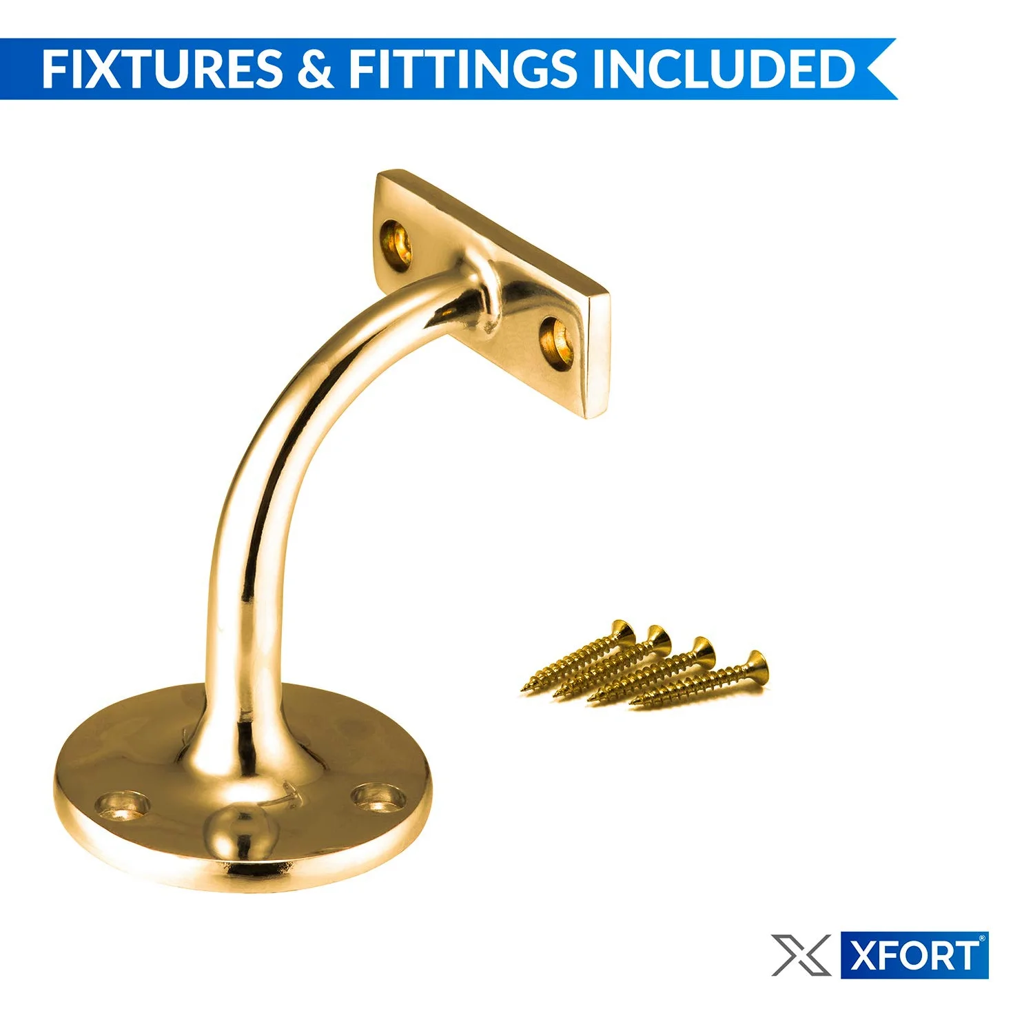 XFORT Set Di 4 Staffe Per Corrimano, Staffe In Acciaio Resistente Per Corrimano Per Scale, Per Corrimano In Legno E Acciaio, Staffe Eleganti Ed Eleganti Per Corrimano (Ottone lucido)