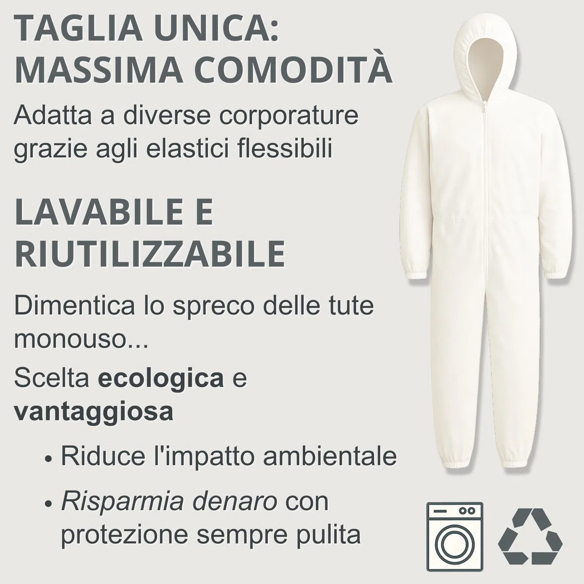 Tuta per Tagliare Erba Bianca Taglia Unica con Elastici Comoda, per Imbianchino, Tessuto 60 gr/mq Molto Resistente, Lavabile e Riutilizzabile Rispetto alle Usa e Getta, Made in Italy (Polipropilene)