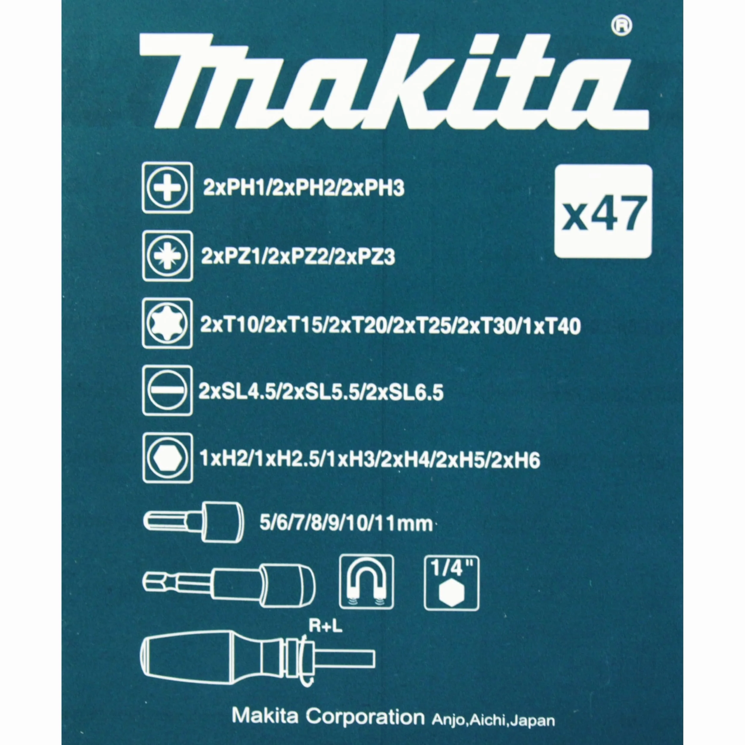 Makita 8958010 Giraviti Cricchetto Makita Kit B-36170 Reversibile 47 Pezzi, Blu