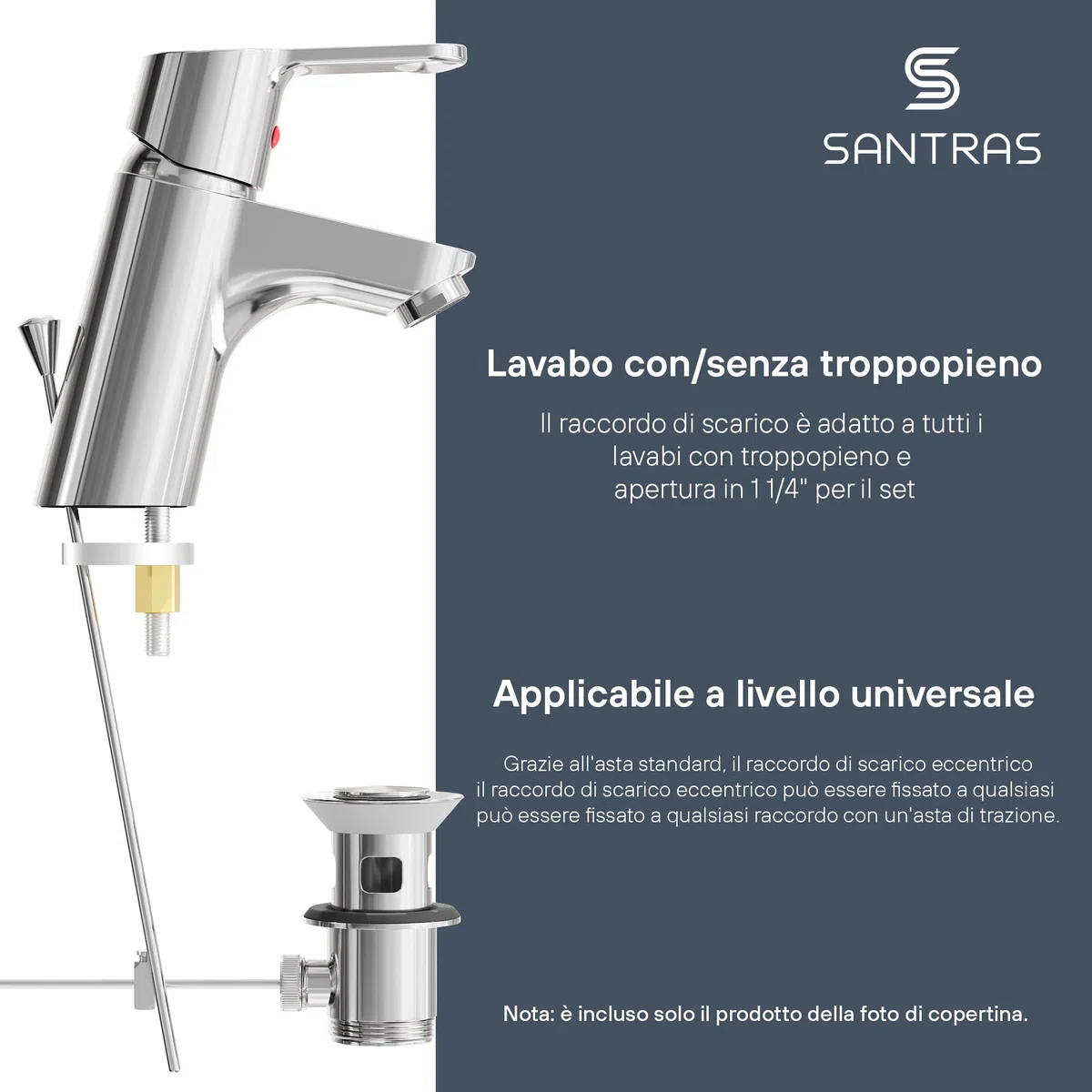 SANTRAS® PREMIUM set di scarico eccentrico per lavabo con protezione di troppopieno in cromo - set completo di troppopieno con tappo di scarico in 1 ¼ per rubinetto con raccordo a tirante