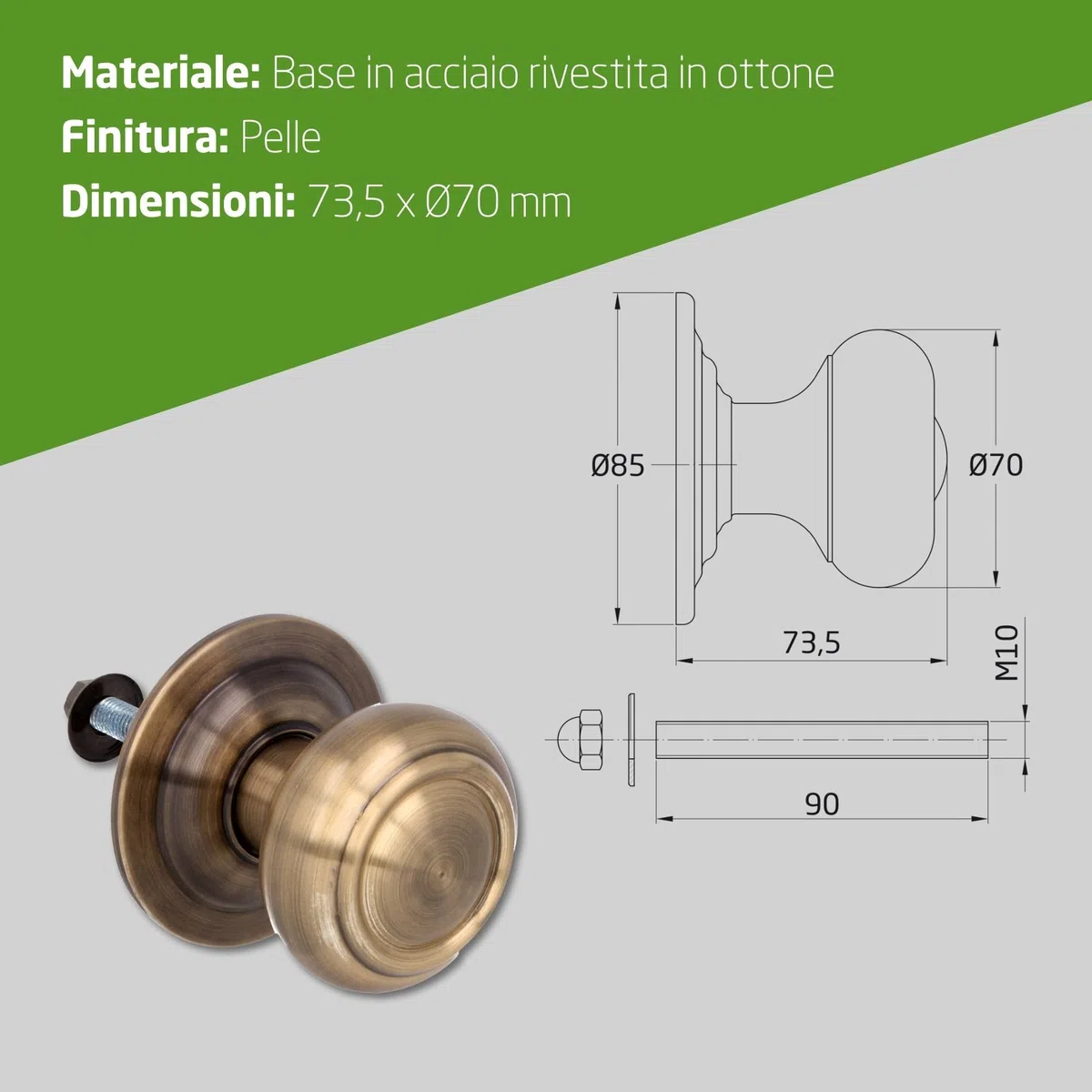 Amig - Pomolo per Porta d’Ingresso Mod.15 - Pomolo Rotondo con Impugnatura Ergonomica e Fissaggio Incluso - Ø70 mm - Ottone - Cuoio
