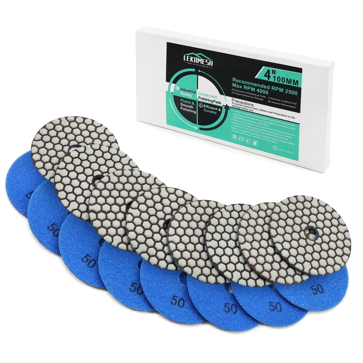 Dischi Lucidatura Diamantati LEKOMESH - 8 pezzi 100MM #50 Platorelli per Lucidatura a Secco Diamantati per Granito Marmo Pietra artificiale Quarzo,Tampone di Lucidatura