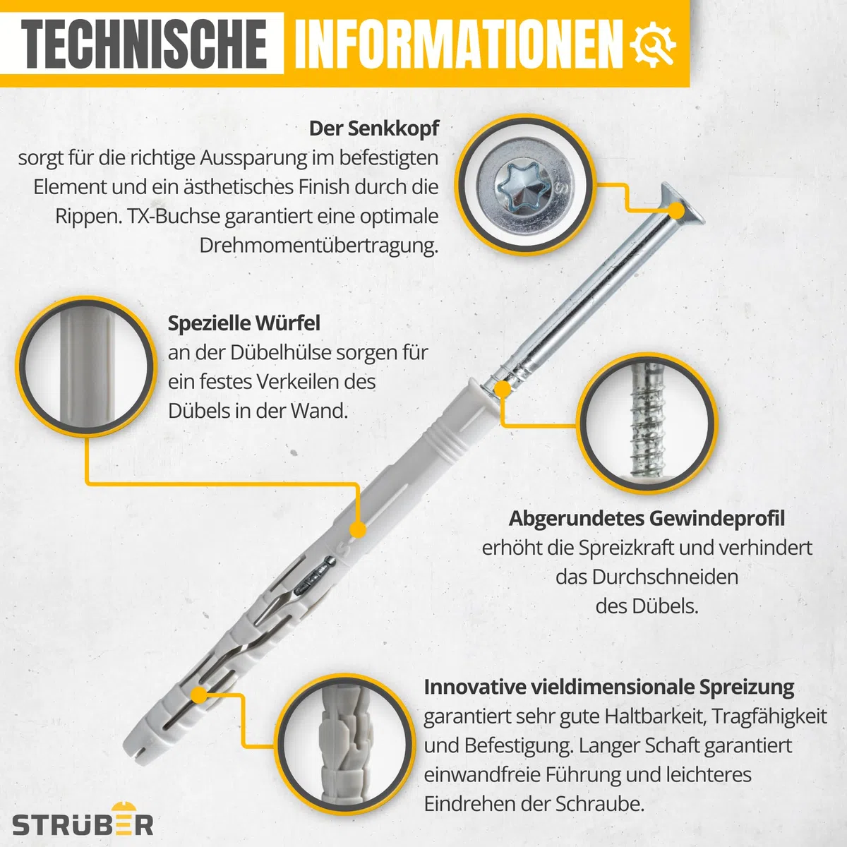 STRÜBER Tasselli per telaio con vite Torx a testa svasata (8x80 mm / 100 pezzi) - Fissaggio in nylon per telai di finestre e porte - Certificazione ETA