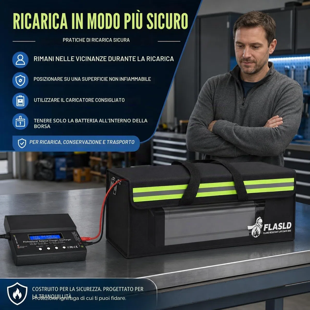FLASLD Lipo - Borsa sicura per batterie a prova di esplosione, grande capacità per ricarica e stoccaggio della batteria Ebike 49 x 11 x 18 cm