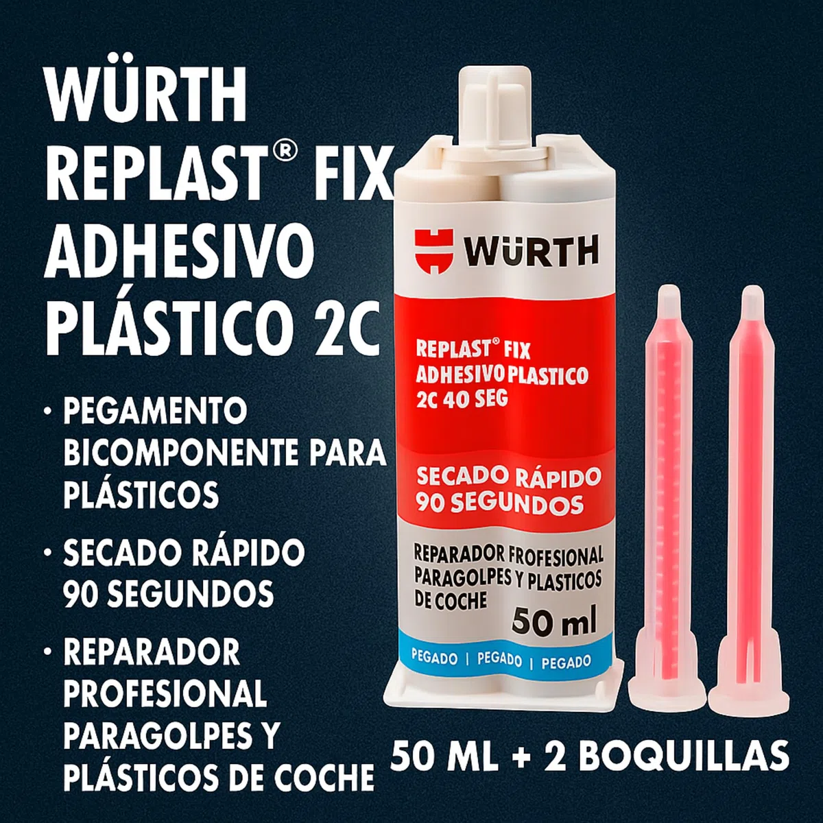 WURTH REPLAST FIX Adesivo plastica 2C | Colla bicomponente per plastiche | Asciugatura rapida 90 secondi | Riparatore professionale paraurti e plastica per auto | 50 ml + 2 ugelli