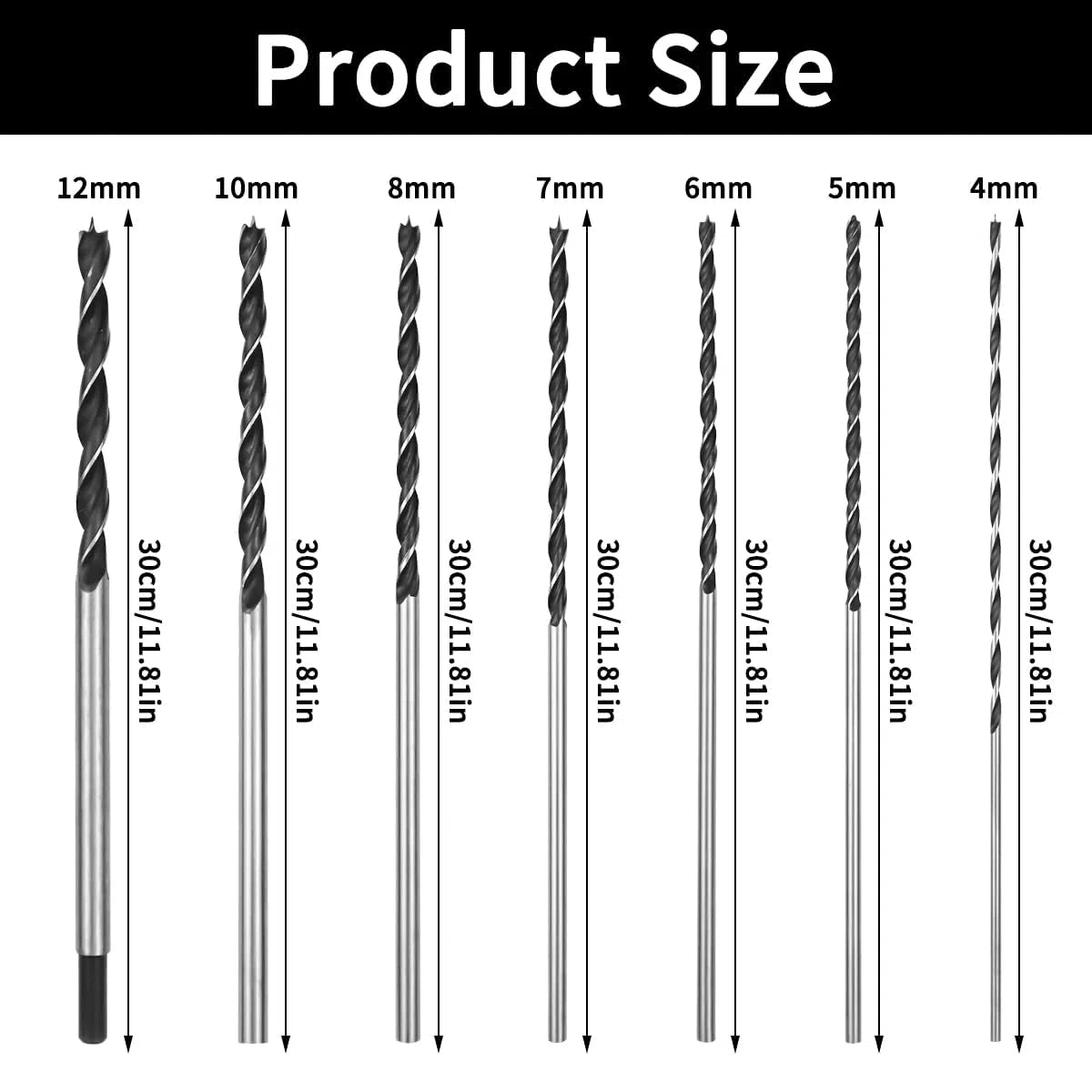Punte Trapano Legno Punte Extra Lunghe da 300 mm - Ø 4, 5, 6, 7, 8, 10, 12mm, Tre Punte Legno per Legna, Disponibile per le Decorazioni di Edifici, Lavori di Bricolage e Modellismo