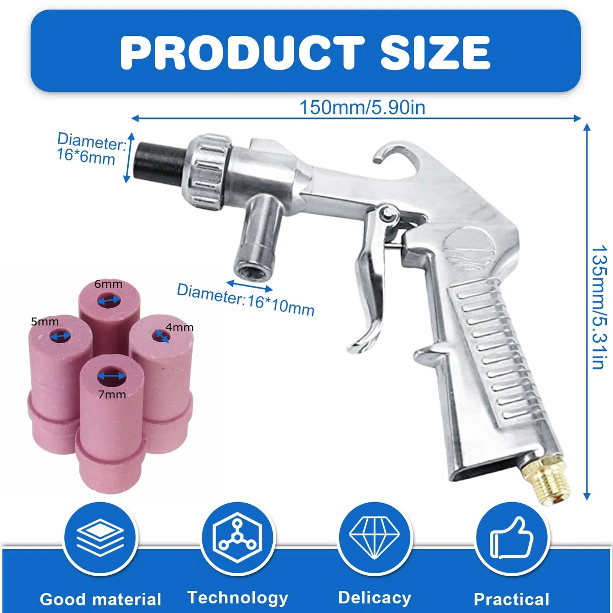 Pistola per sabbiatura ad aria compressa, dispositivo per sabbiatura con tubo in gomma (1 m), ugello in metallo e 4 ugelli in ceramica, un nipplo di collegamento dell'aria, kit di pistola per