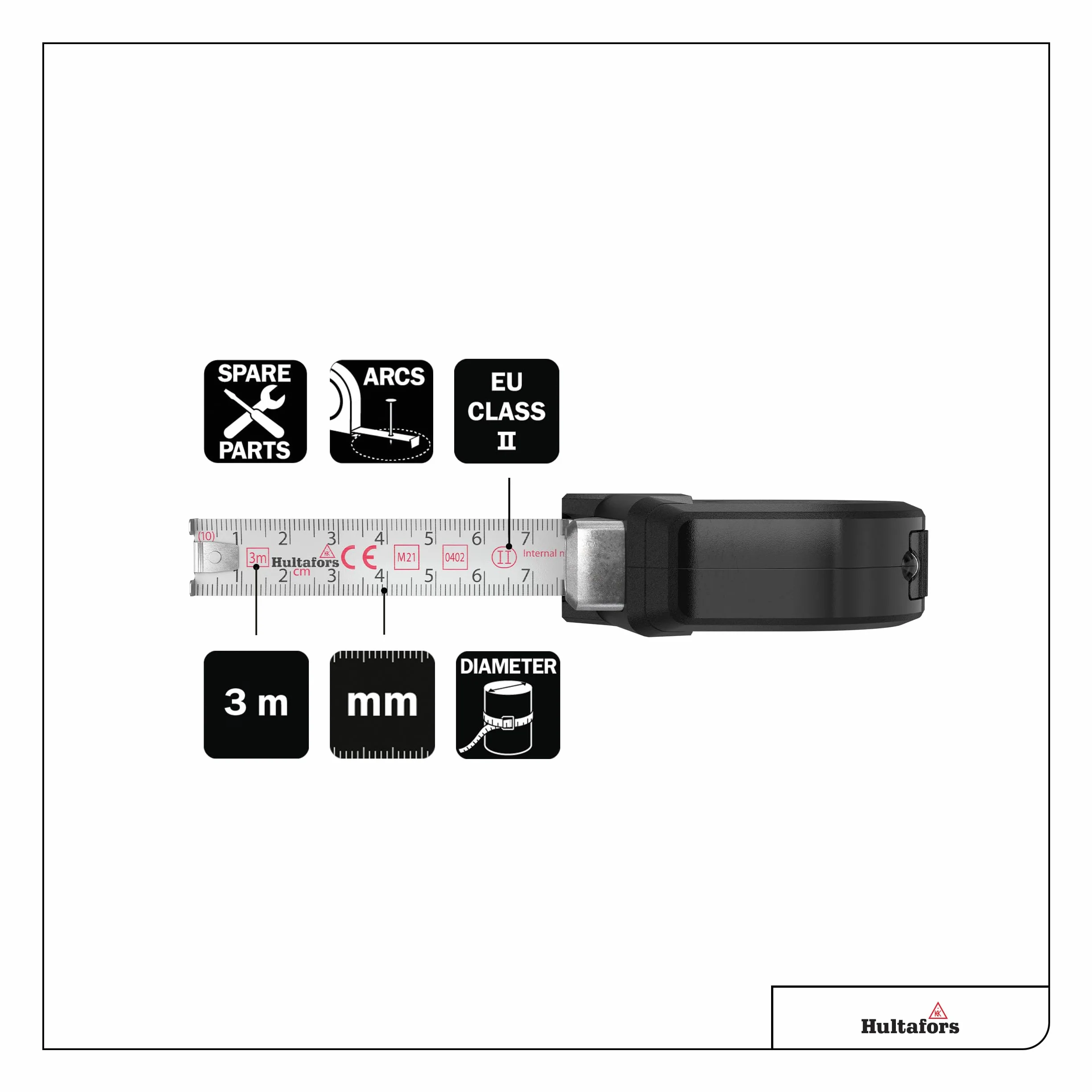 Talmeter flessometro 3 metri I Hultafors I Classe di precisione II I Prodotto in UE flessometro marcatore 7-in-1 con funzione speciale di misurazione e marcatura I 359203