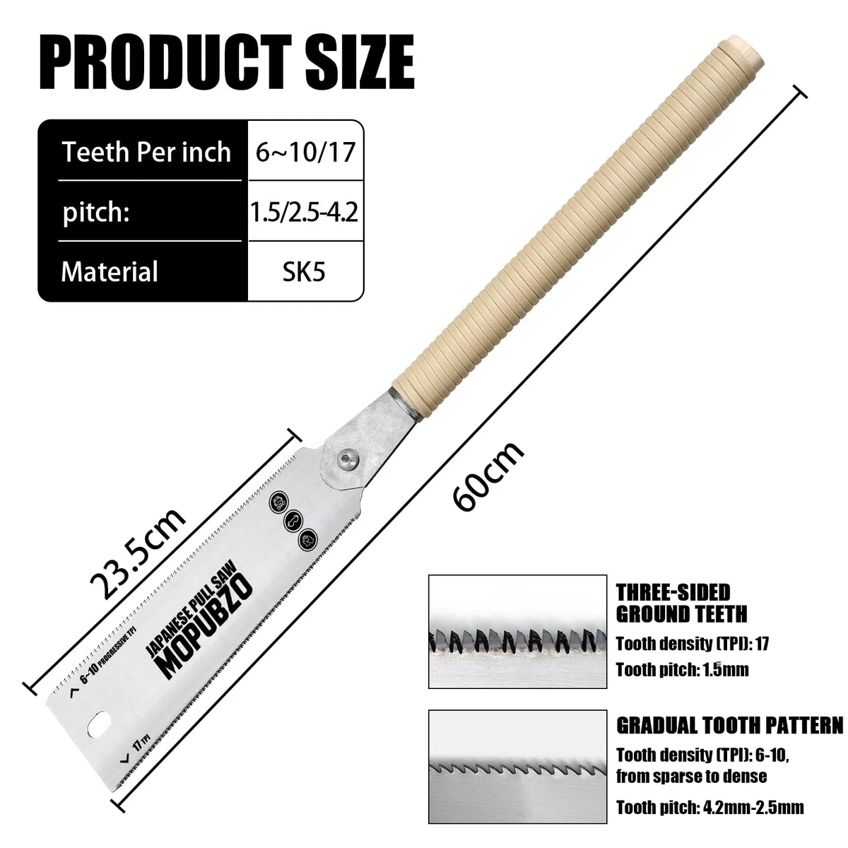 60cm Ryoba sega giapponese per legno professionale 6-10/17 TPI, sega giapponese a doppia lama con manico in rattan, taglio longitudinale e trasversale fine e rapido, Bonus 1 Ersatzblatt.