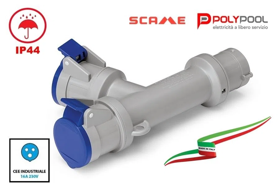 ADATTATORE INDUSTRIALE CEE MONOFASE 3 POLI DOPPIA PRESA + SPINA 16A 2P+T 200/250 VOLT