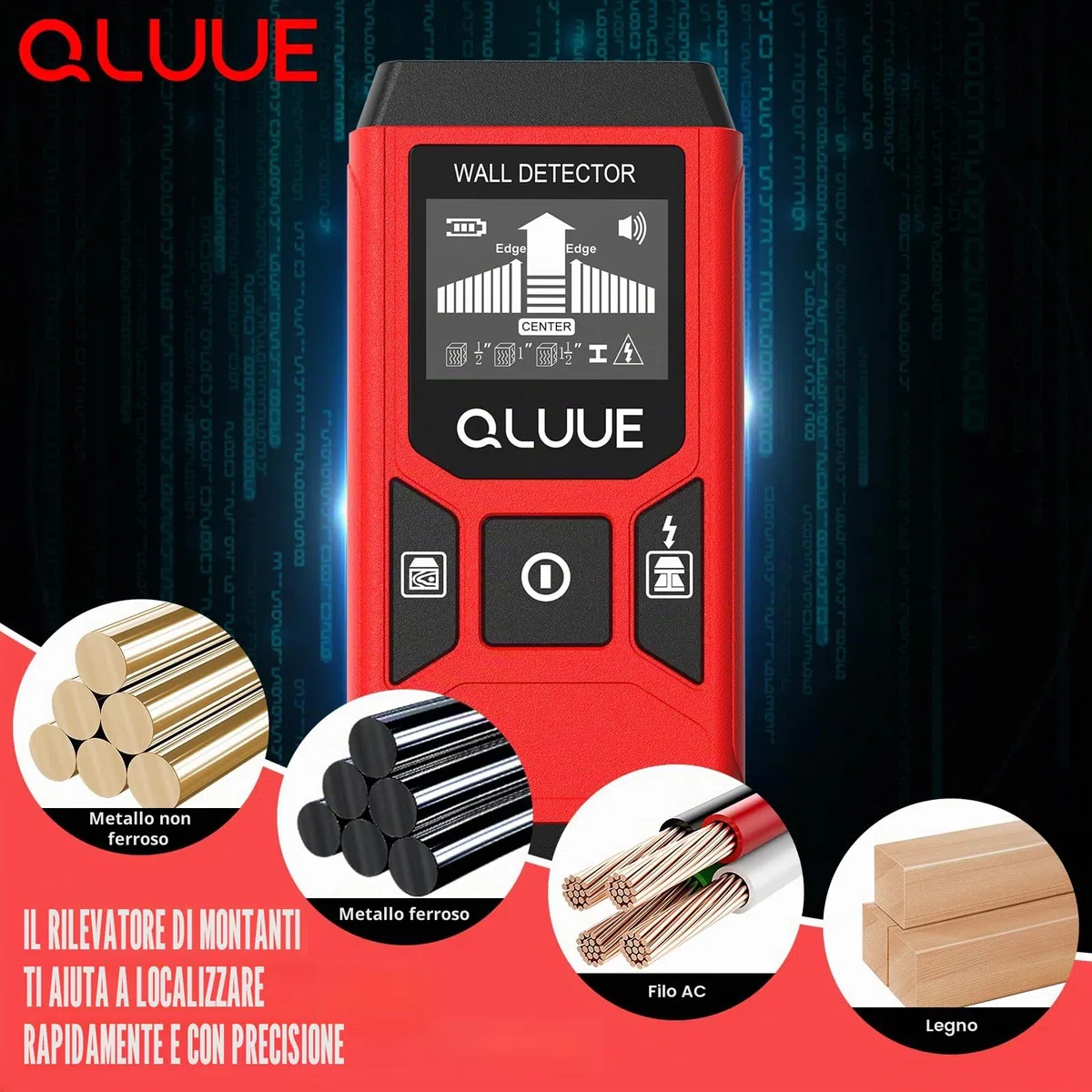 Rilevatore di Bulloni Multifunzione 5 in 1 con Display LCD e Allarme Acustico per Trovare Linee Elettriche, Travi in Legno, Tubi Metallici, Ecc