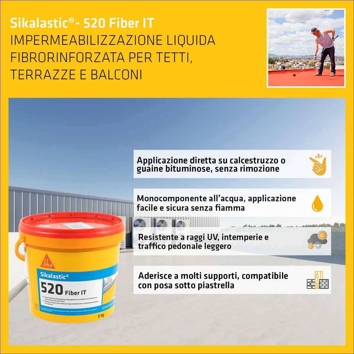 SIKA - Membrana fibrorinforzata per terrazzi - Sikalastic-520 Fiber IT, Grigio - Calpestabile e ultra resistente ai raggi UV - Protezione duratura per la tua casa - 5kg