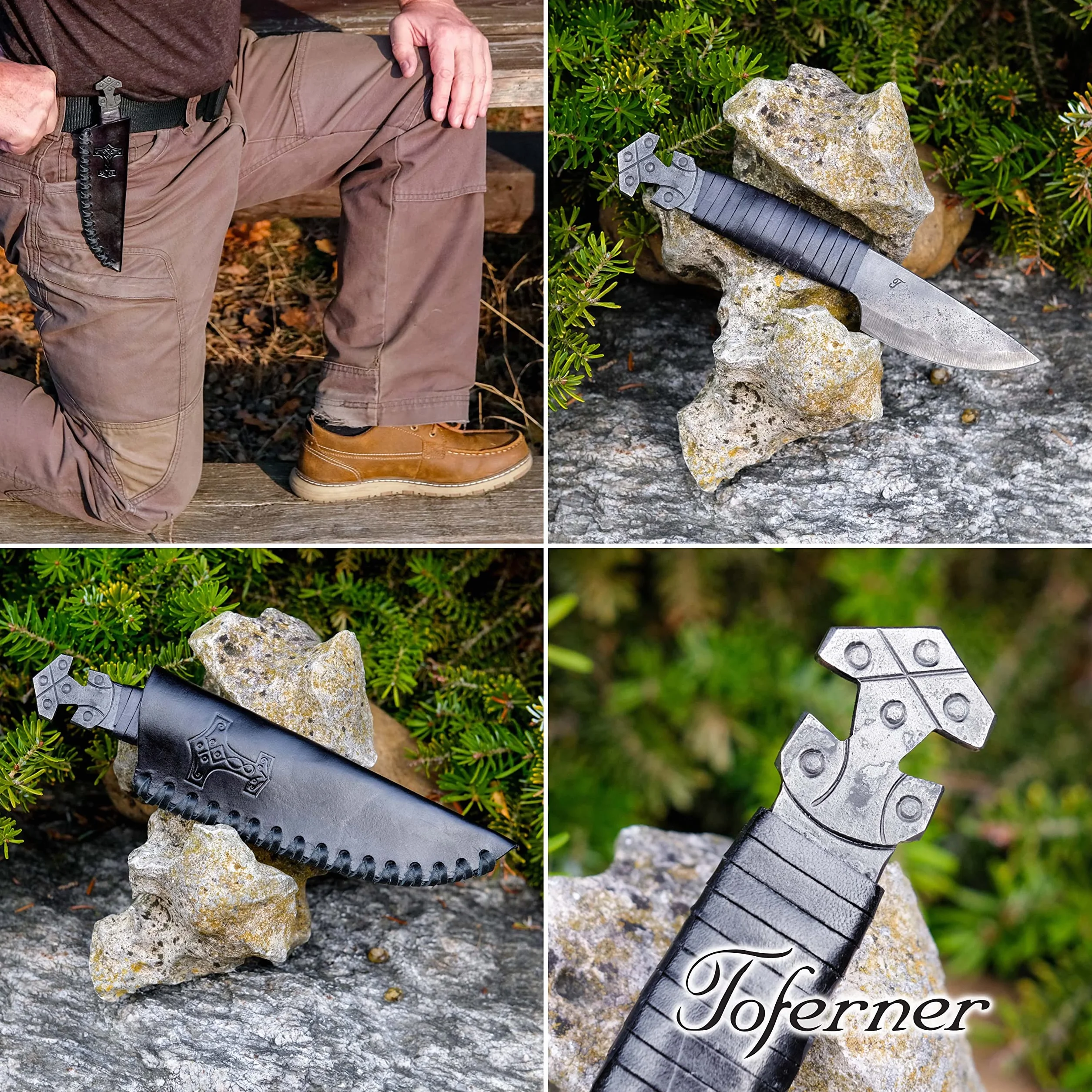 TOFERNER Coltello da caccia a lama fissa Coltello in acciaio Thor – Forgiato a mano & Vintage Look – Lama a punta ultra affilata – Elegante stile anticato – Inclusa custodia in vero cuoio
