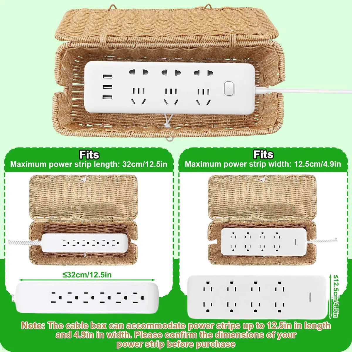 Scatola Portacavi Rattan con Coperchio, Scatola Gestione Contenitore Multipresa Rattan Sintetico, Organizzazione Grovelli Organizer Prolunghe Elettrici Prevenzione Grovigli per Casa Ufficio Scrivania