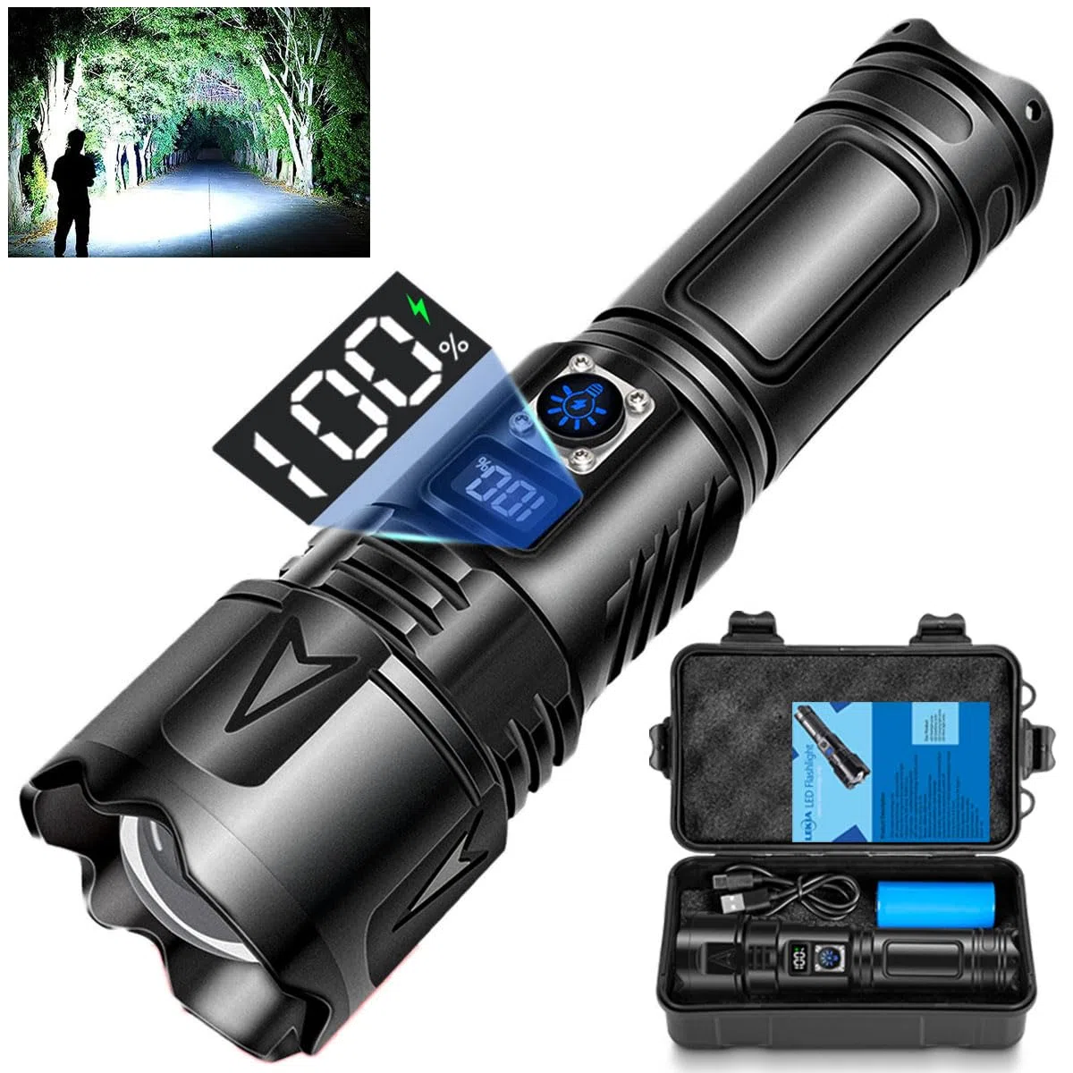 LEKIA Torcia LED Ricaricabile USB-C, 500000 Lumens Potente Torcia Elettrica Militare Professionale, Alta Potenza Torce Zoomabile IP65 Impermeabile 5 Modalità Per Campeggio Emergenza(Batteria 5000mAh)