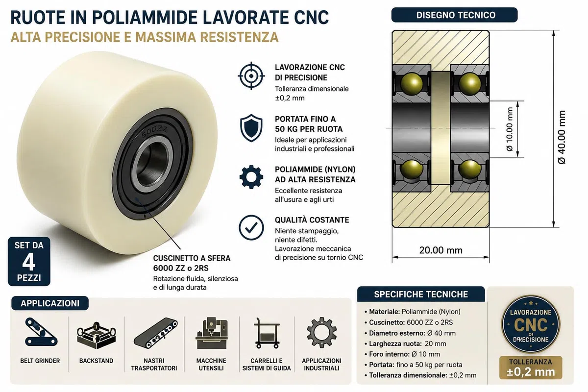 4 ruote in nylon poliammide diametro 40 mm larghezza 20 mm cuscinetto 10 mm precisione made in EU