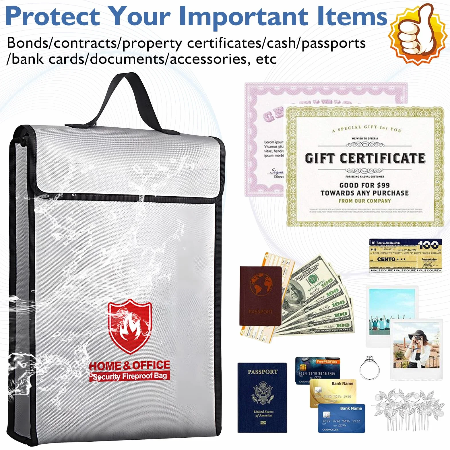 Borsa per Documenti Ignifuga, Borsa Ignifuga di Sicurezza 38x32x8cm, Sacchetti Ignifughi per Documenti e Denaro 1200℃, Porta Documenti Impermeabile per Documenti, Denaro