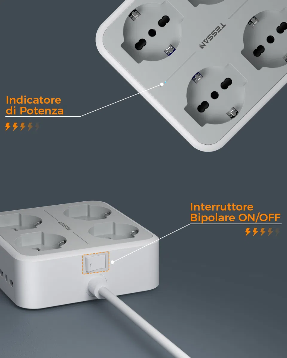 TESSAN Ciabatta Multipresa con USB C, Multipresa Elettrica con 8 Presa IT, Ciabatta Elettriche con Prolunga Elettrica 2 Metri, 3680W Presa Multipla con Interruttore, Grigio