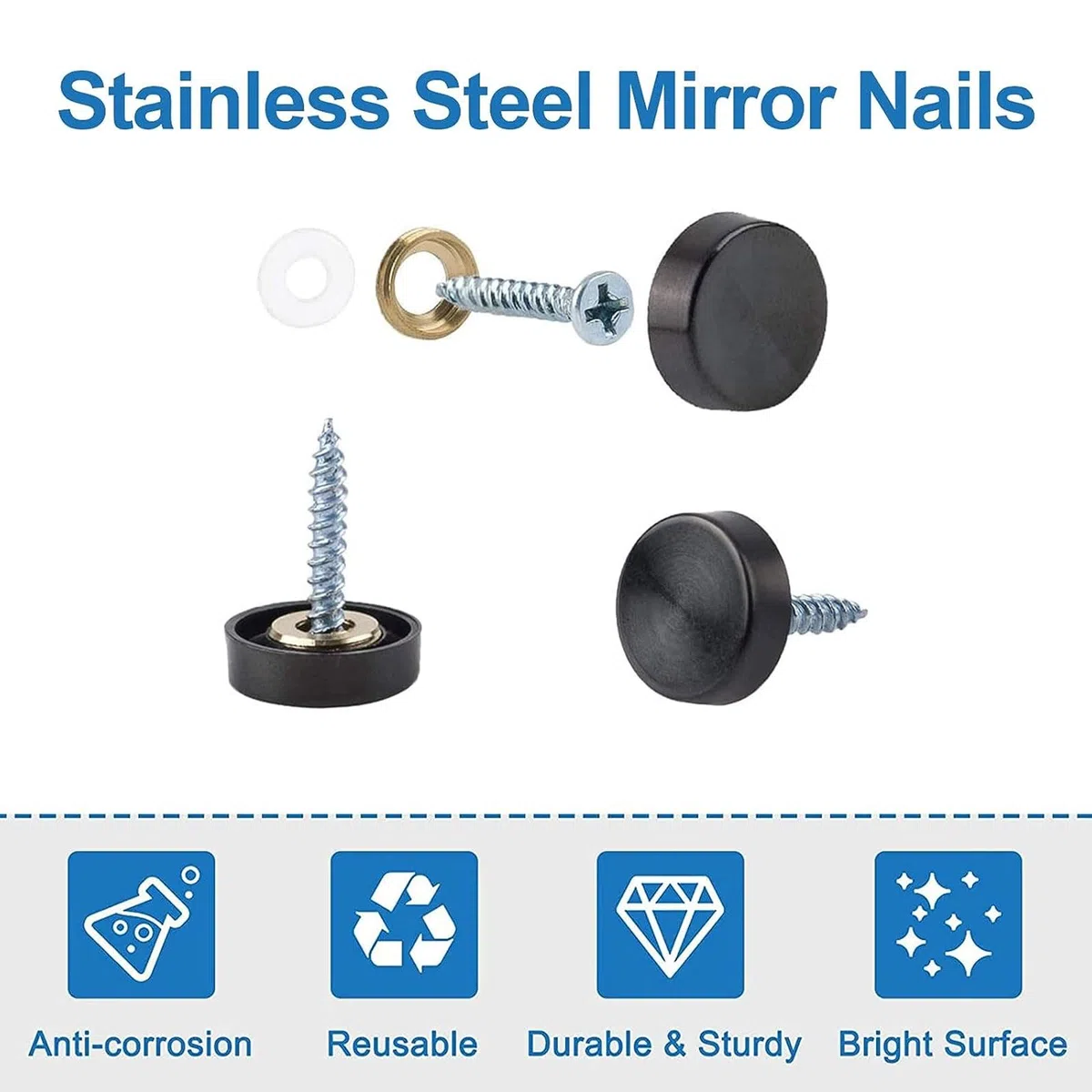 INCREWAY Viti a specchio nere 32 set da 16 mm in acciaio inox 304 spesso chiodi a specchio con tappi decorativi