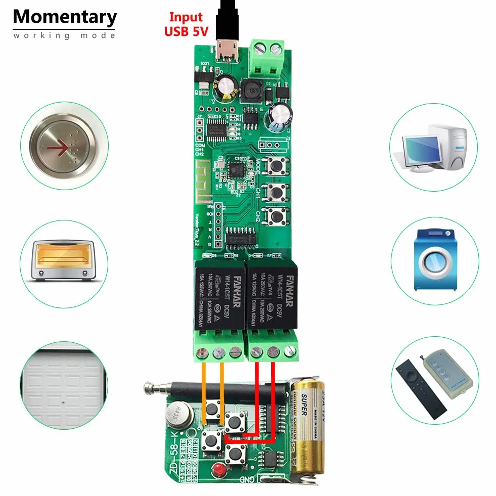 Modulo relè Smart Switch WiFi a 2 canali, TUYA/App Smart Life per telecomando Smart Home, tempo momentaneo regolabile, compatibile con Alexa/Google Assistant